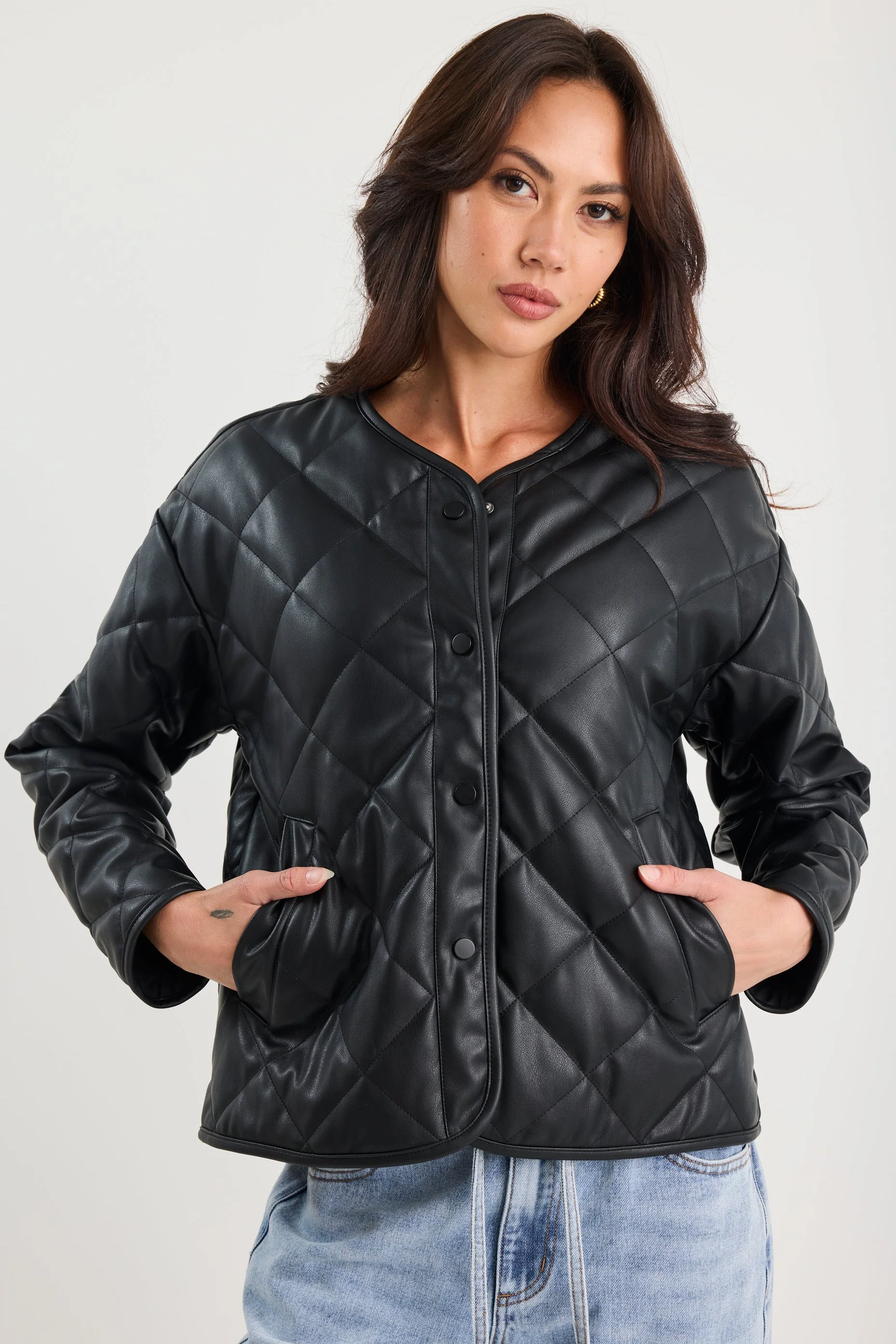 Apex Black PU Leather Collarless Quilted Puffer Jacket - Image 4