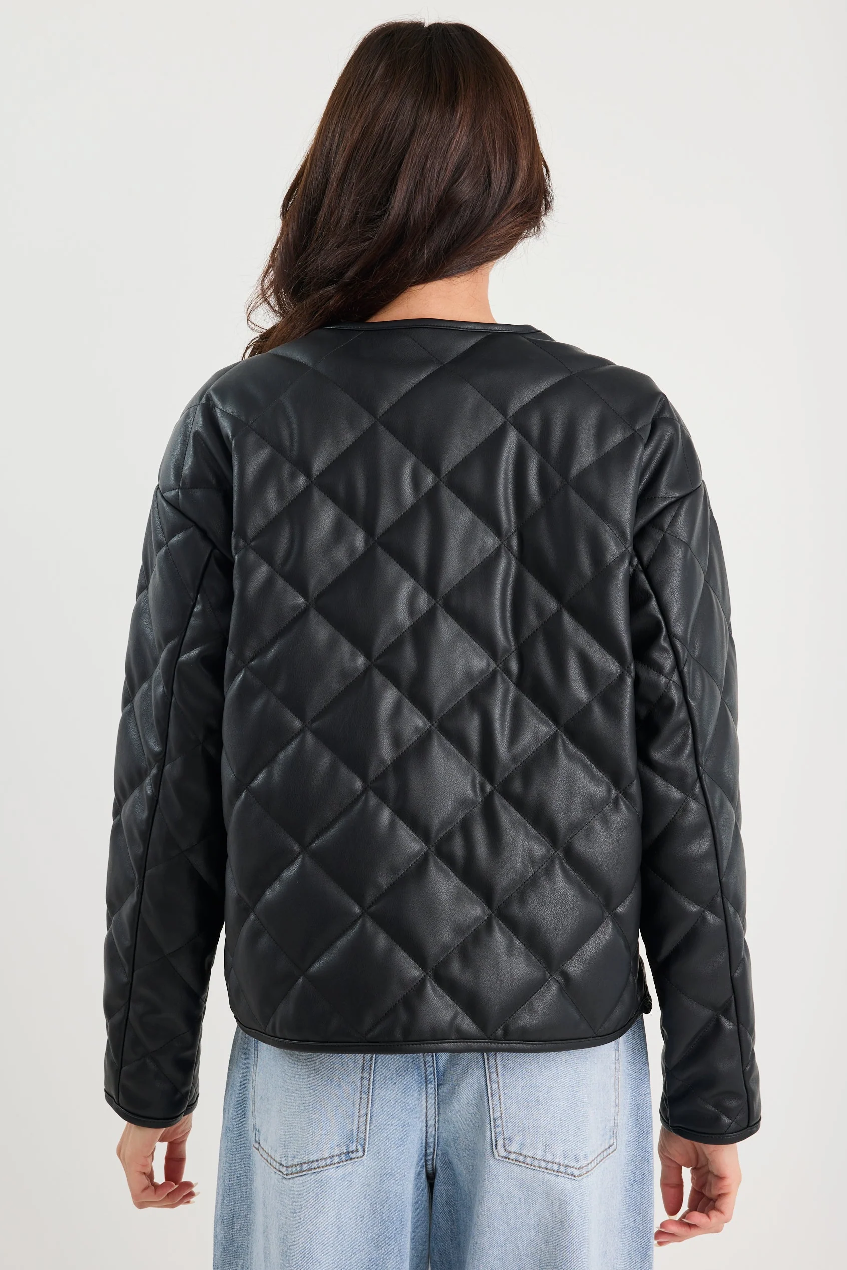 Apex Black PU Leather Collarless Quilted Puffer Jacket - Image 6
