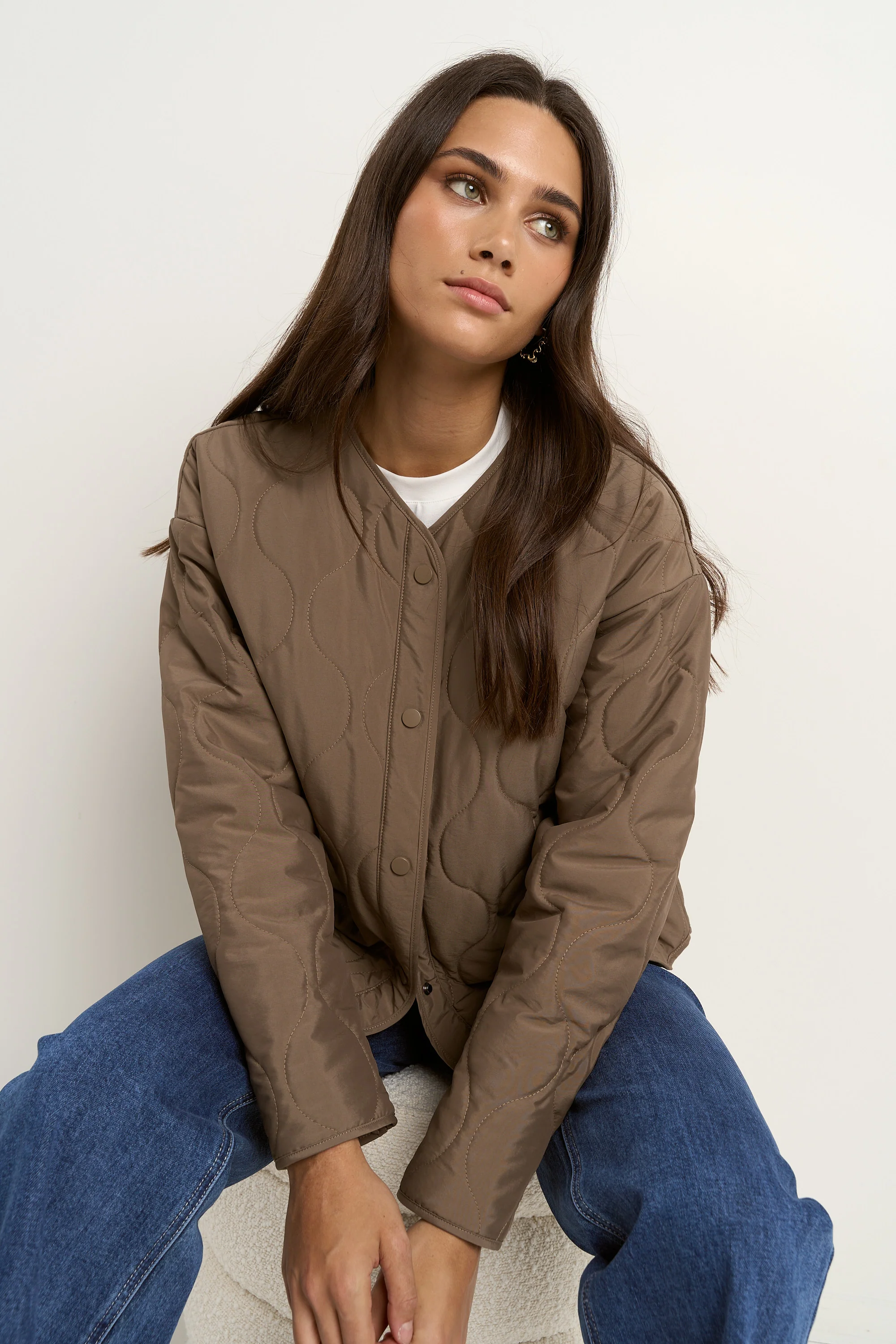 Apex Mocha Collarless Quilted Puffer Jacket - Image 6