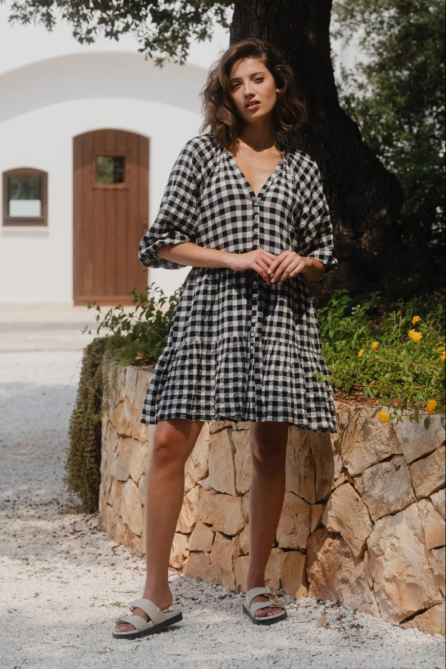 Aries Black Gingham Mid Sleeve Tiered Button Front Mini Dress