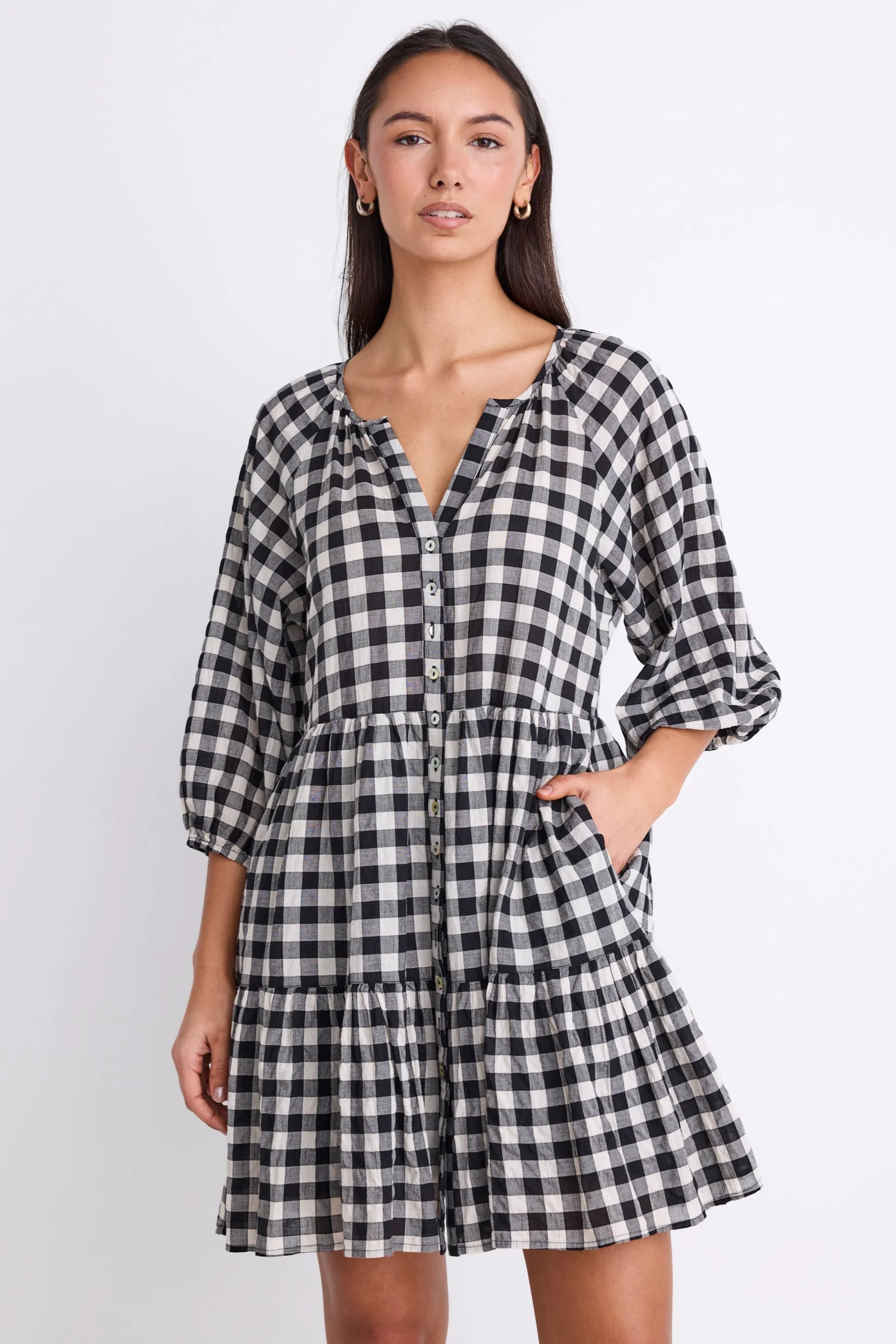 Aries Black Gingham Mid Sleeve Tiered Button Front Mini Dress - Image 2