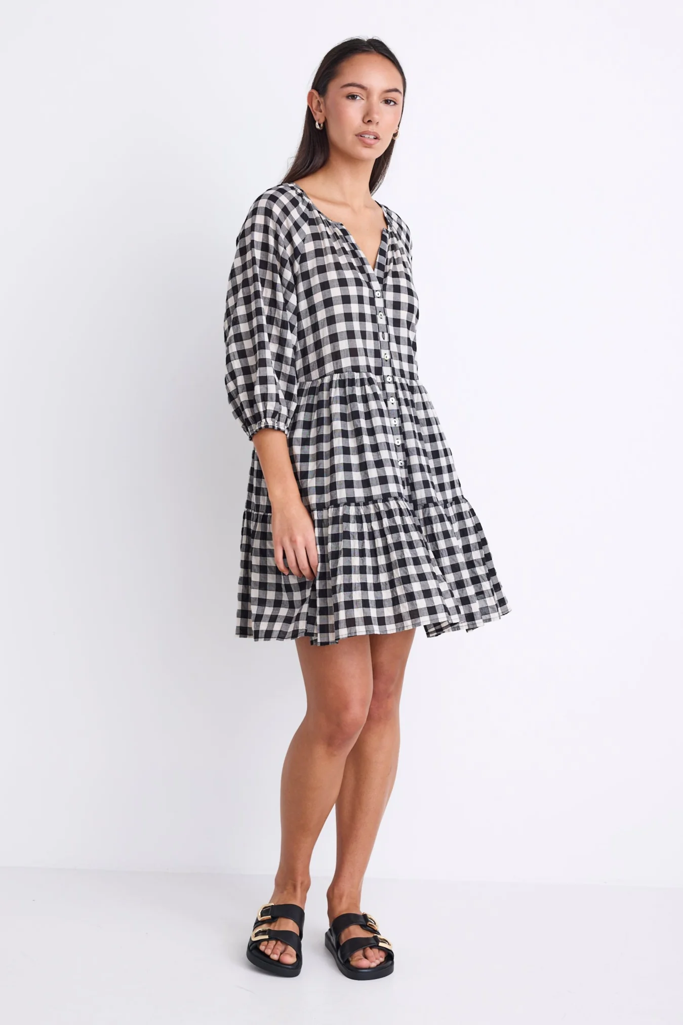 Aries Black Gingham Mid Sleeve Tiered Button Front Mini Dress - Image 3