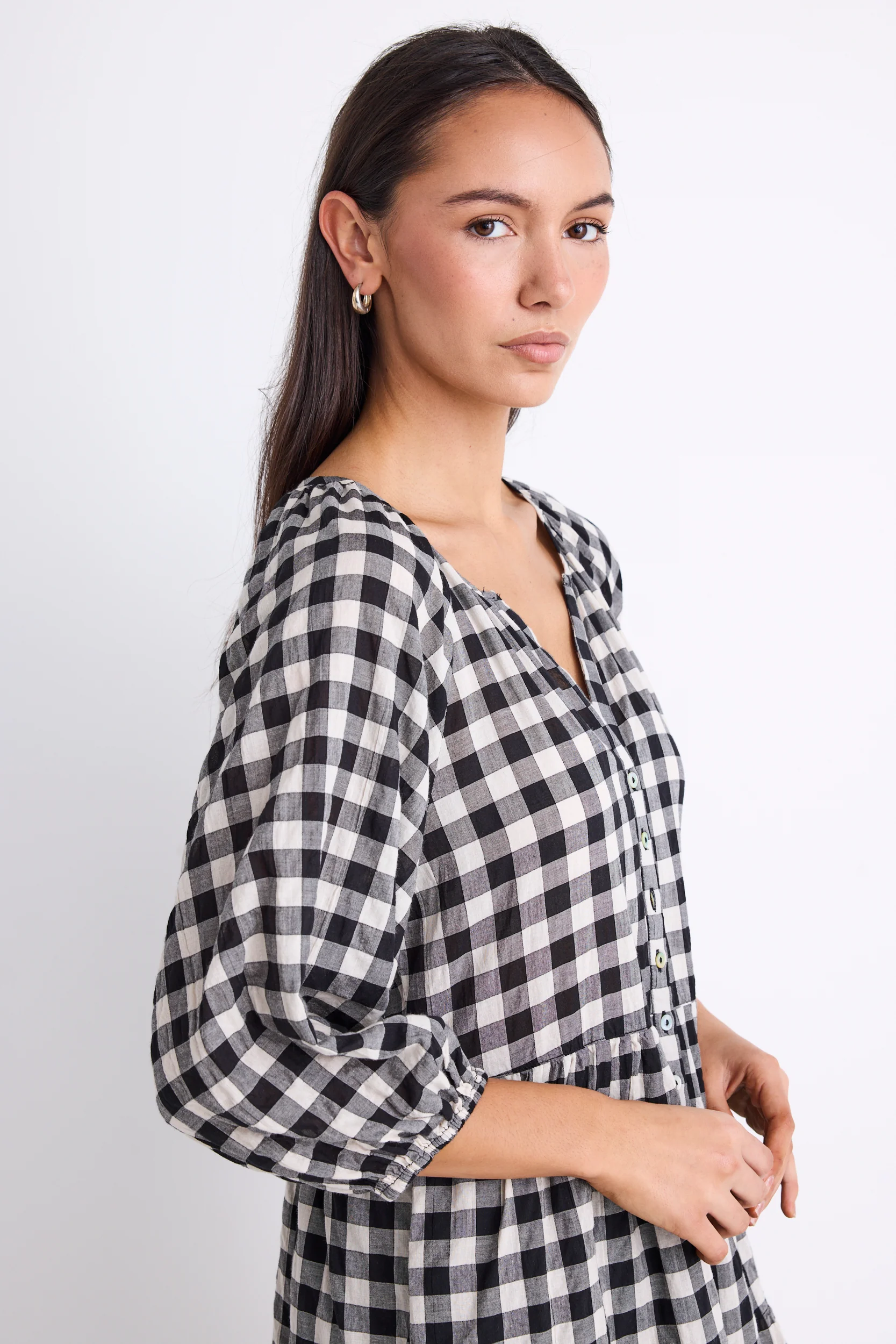 Aries Black Gingham Mid Sleeve Tiered Button Front Mini Dress - Image 4
