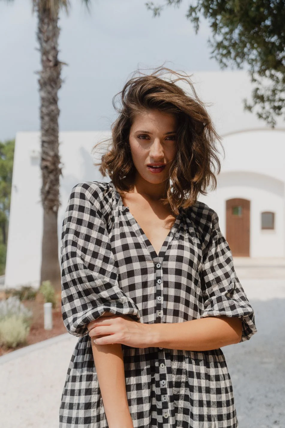 Aries Black Gingham Mid Sleeve Tiered Button Front Mini Dress - Image 5