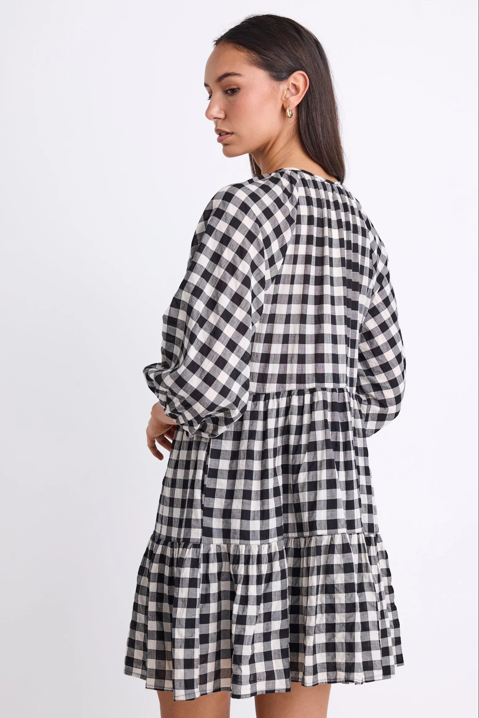 Aries Black Gingham Mid Sleeve Tiered Button Front Mini Dress - Image 6