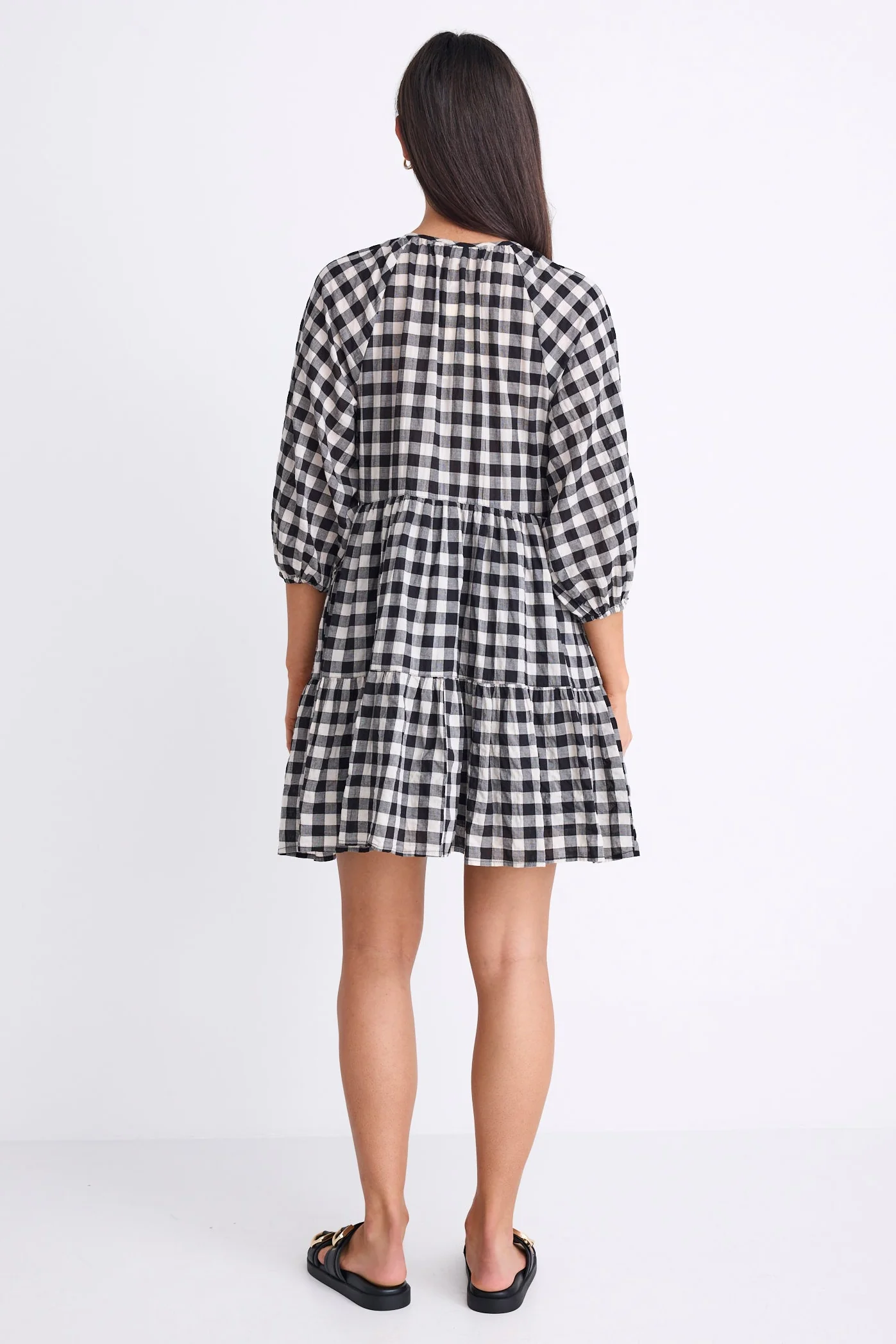 Aries Black Gingham Mid Sleeve Tiered Button Front Mini Dress - Image 7