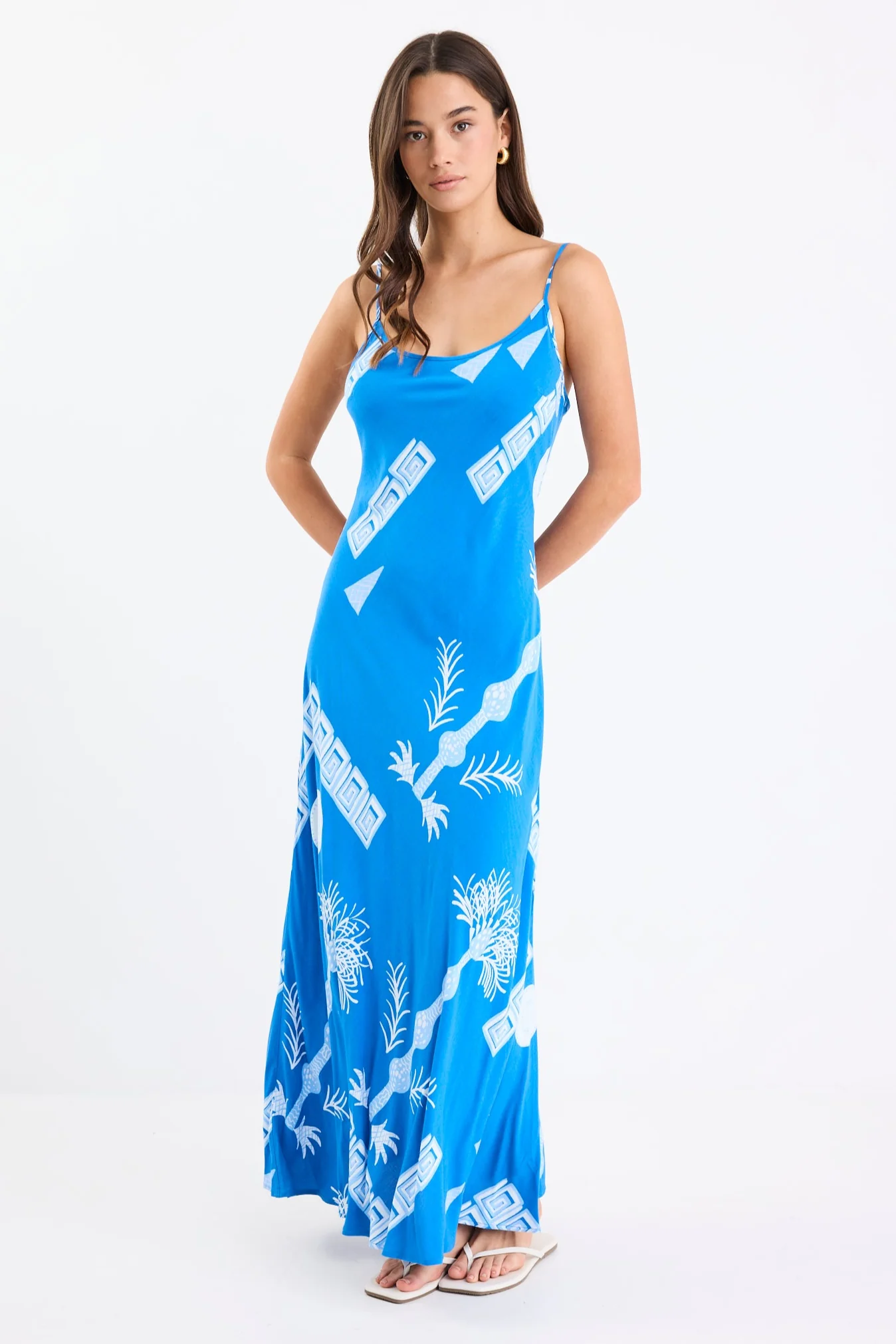 Artesian Blue Palm Strappy Bias Slip Midi Dress - Image 2