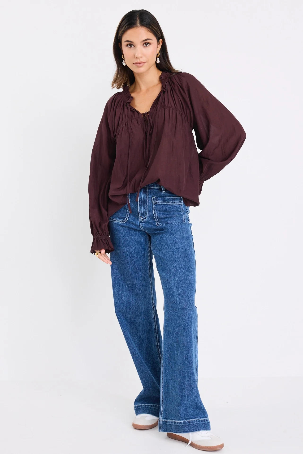 Artist Chocolate Voile LS Tie Front Relaxed Gathered Top