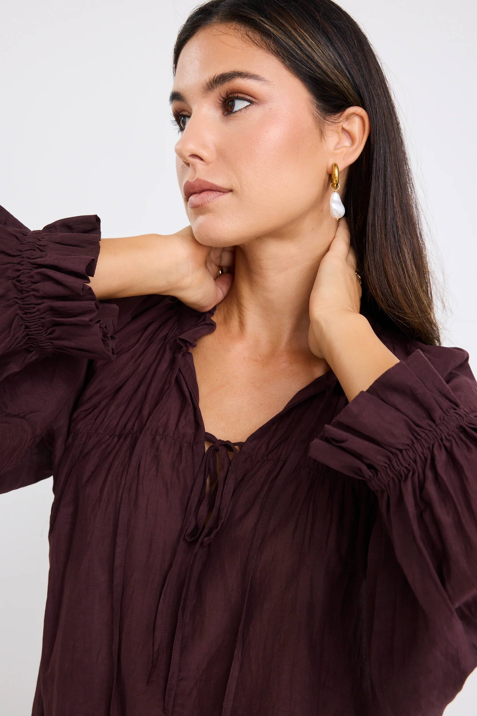 Artist Chocolate Voile LS Tie Front Relaxed Gathered Top - Image 2