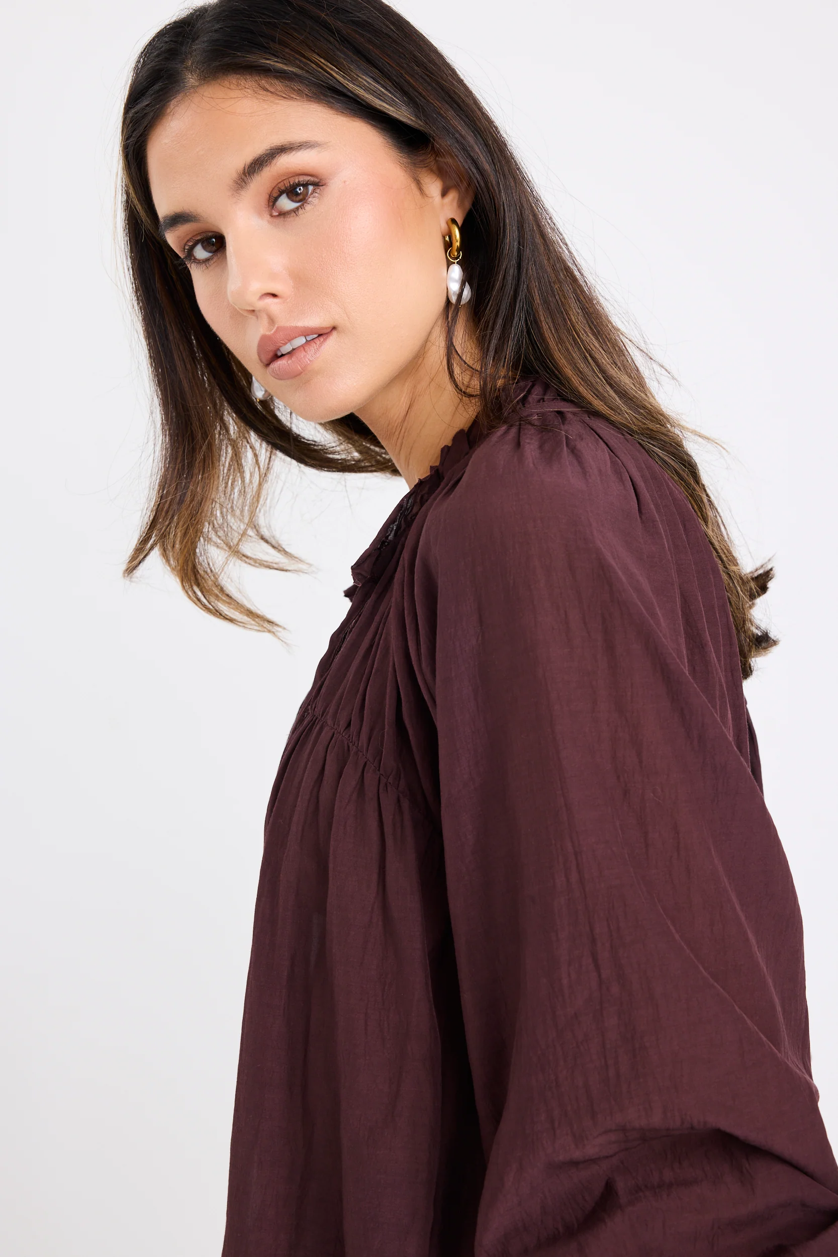 Artist Chocolate Voile LS Tie Front Relaxed Gathered Top - Image 4