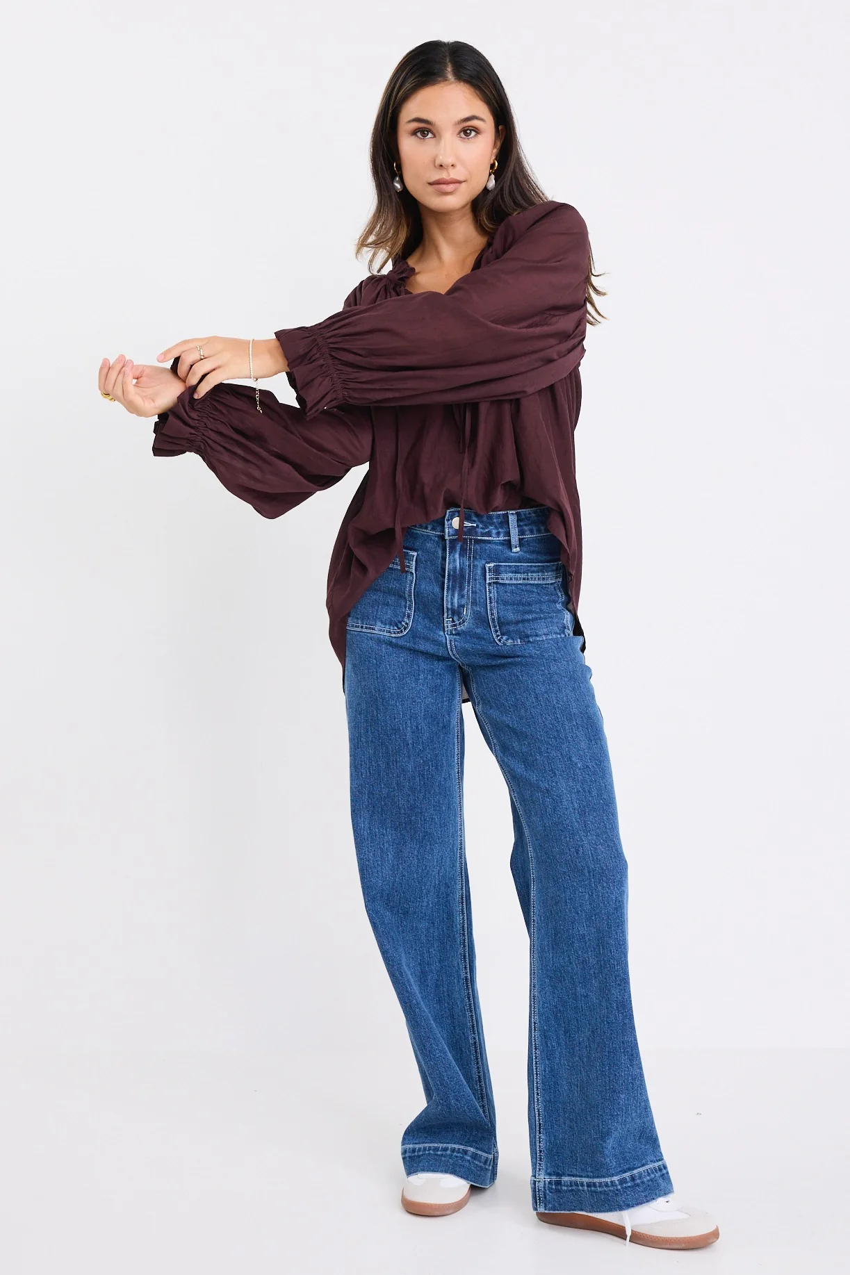 Artist Chocolate Voile LS Tie Front Relaxed Gathered Top - Image 5