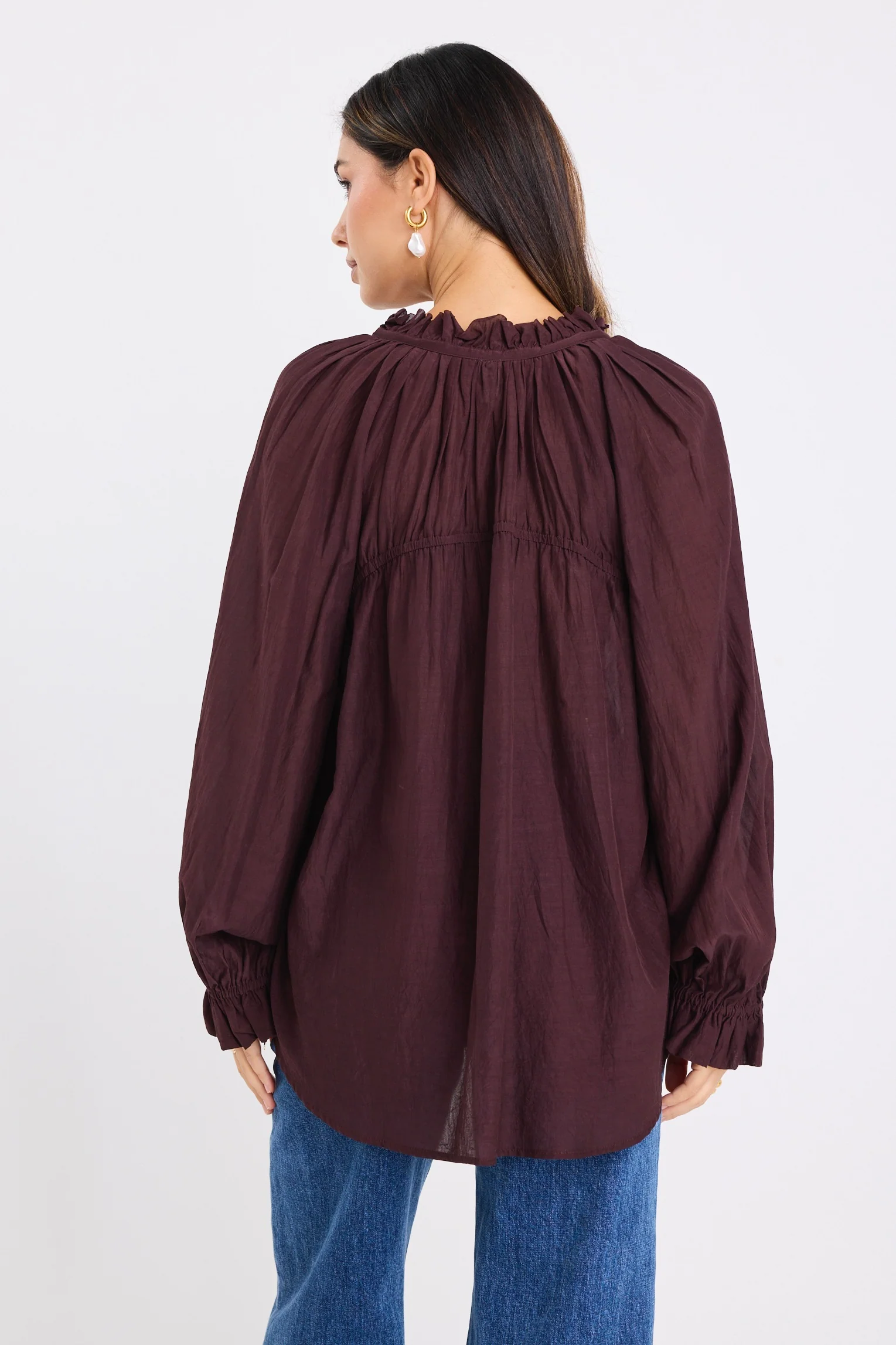 Artist Chocolate Voile LS Tie Front Relaxed Gathered Top - Image 6