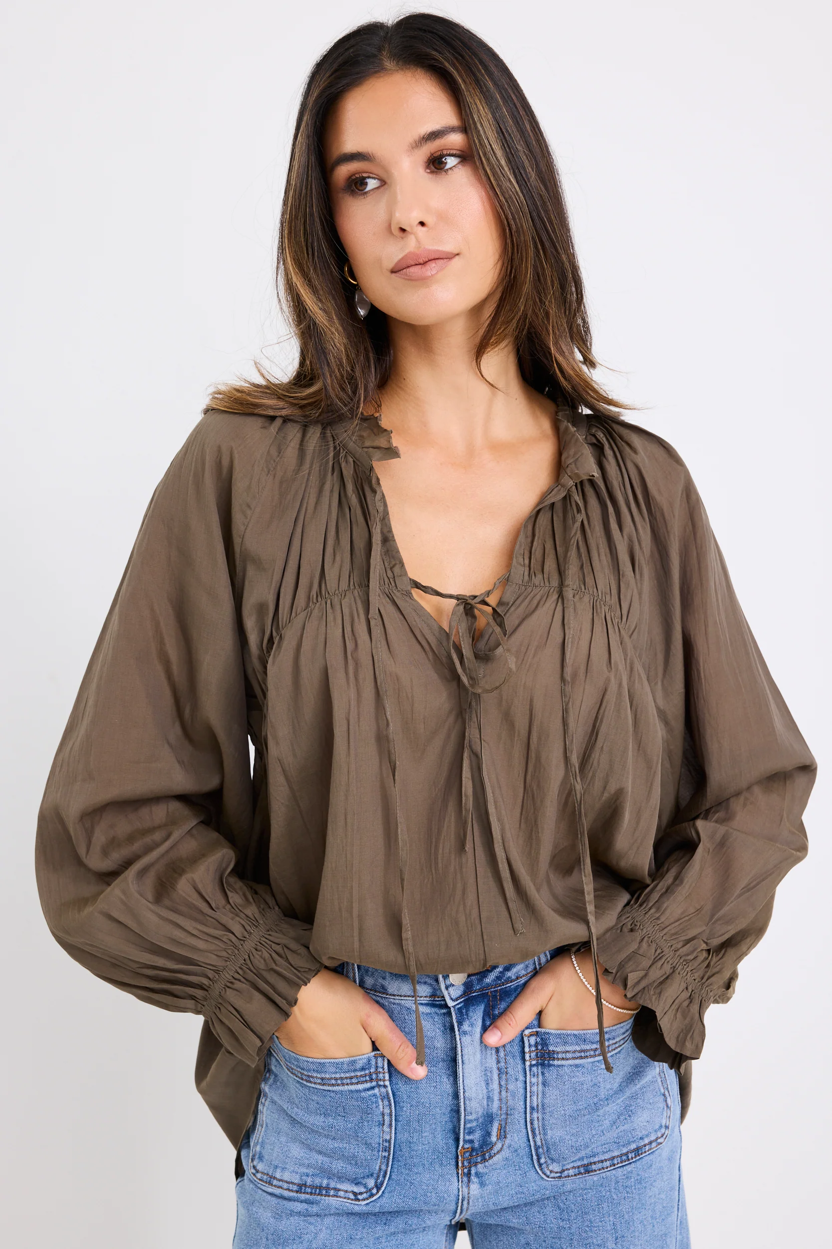 Artist Olive Voile LS Tie Front Relaxed Gathered Top