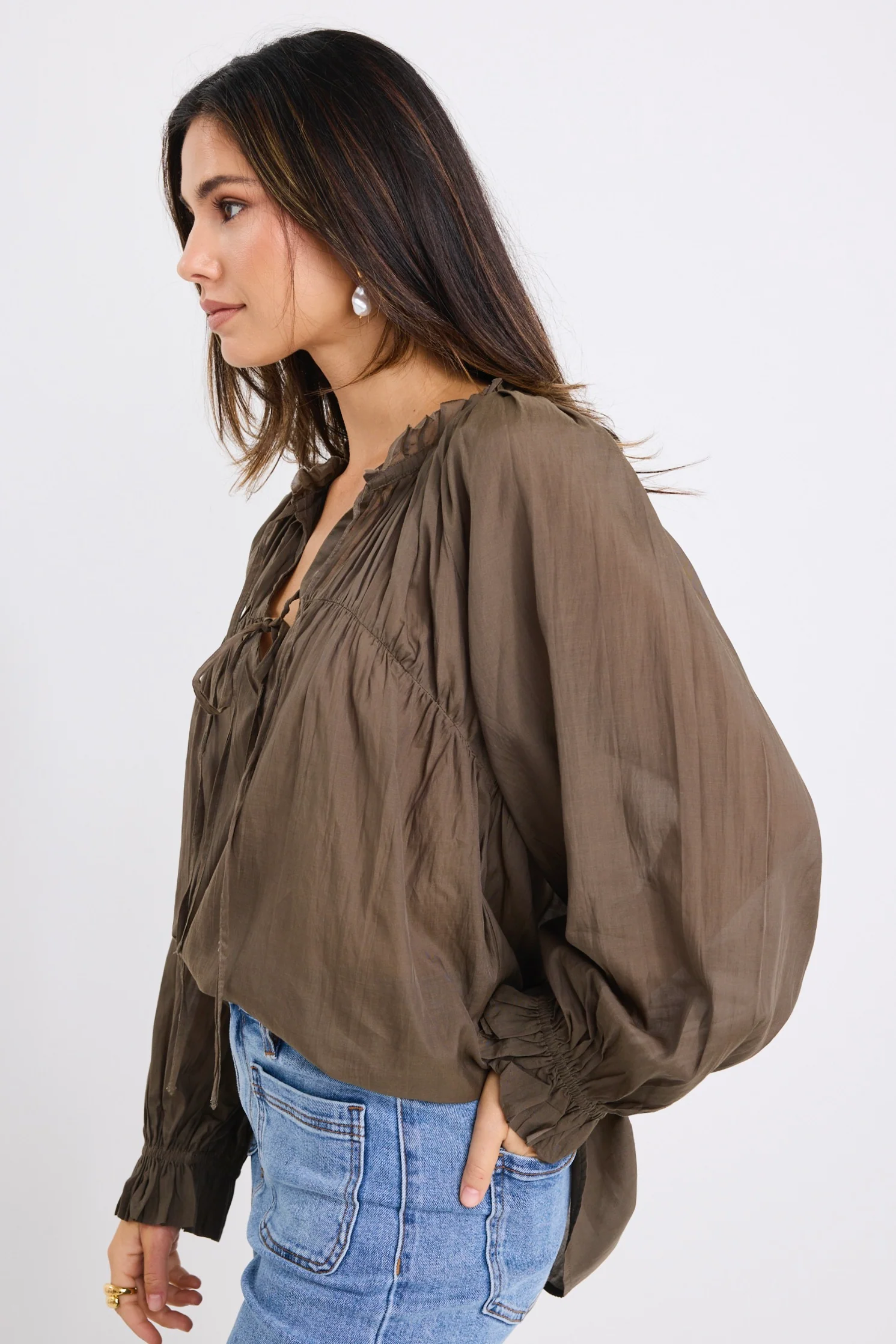 Artist Olive Voile LS Tie Front Relaxed Gathered Top - Image 3