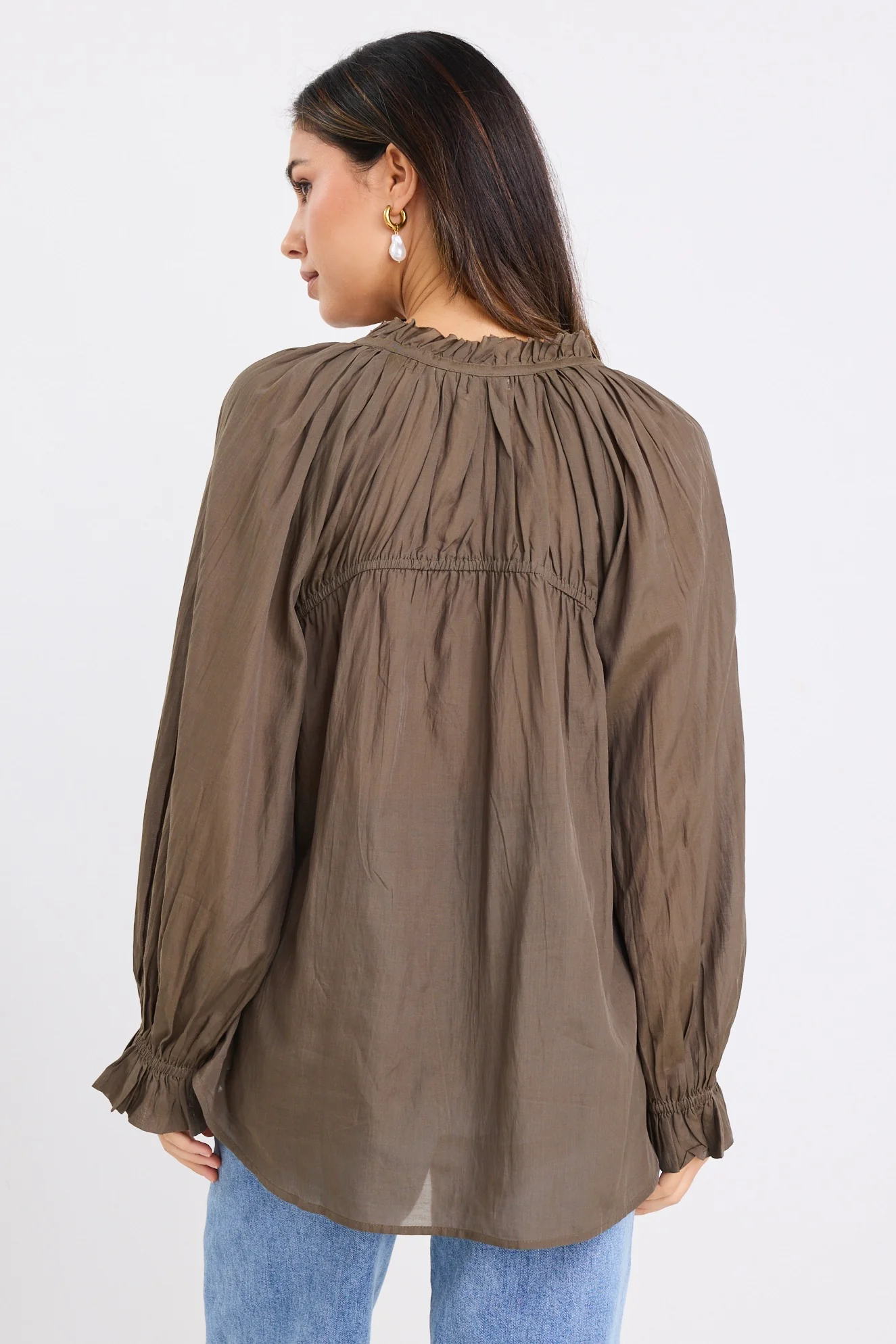 Artist Olive Voile LS Tie Front Relaxed Gathered Top - Image 4