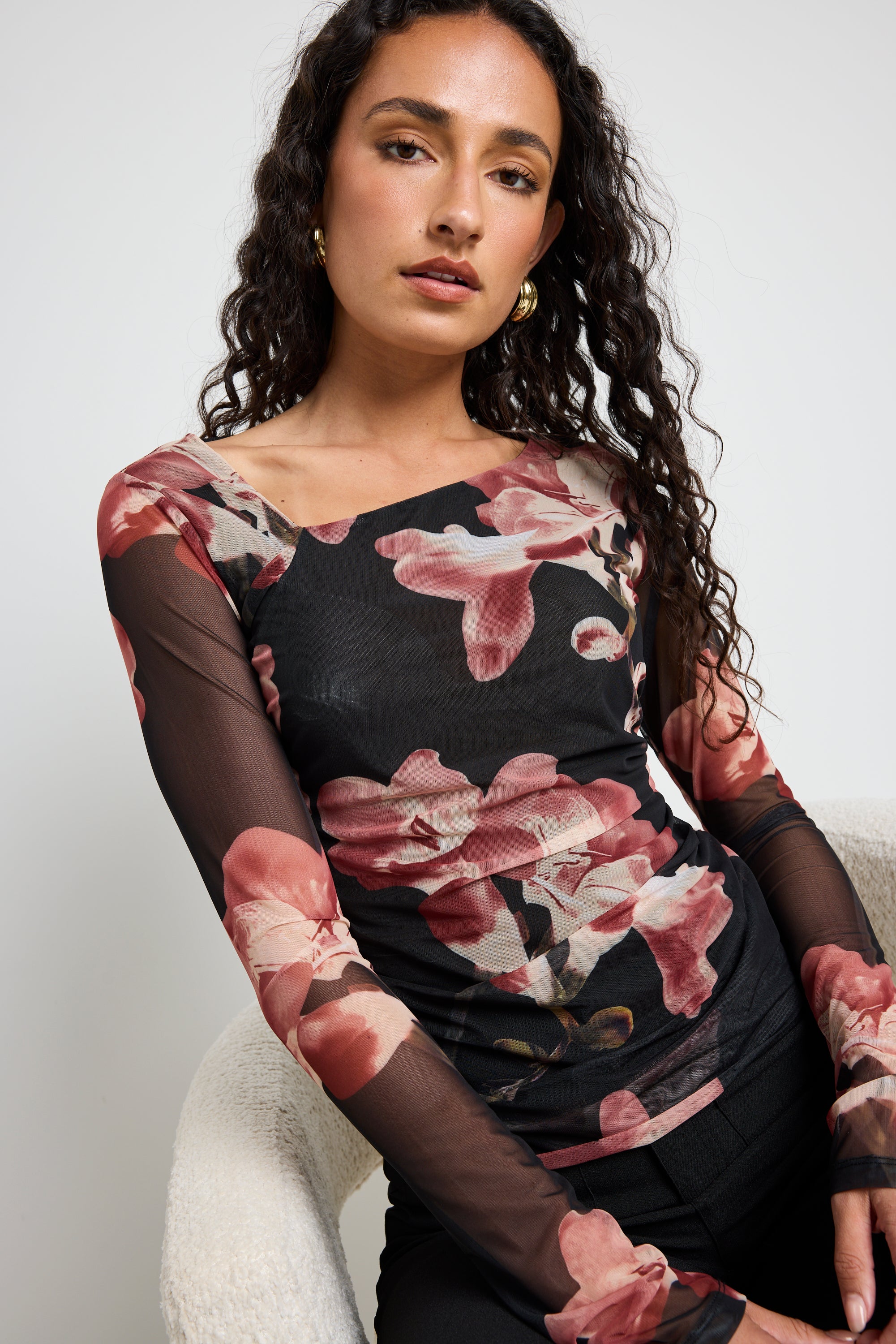 Askew Blush Floral Mesh Asymmetrical LS Top - Image 5