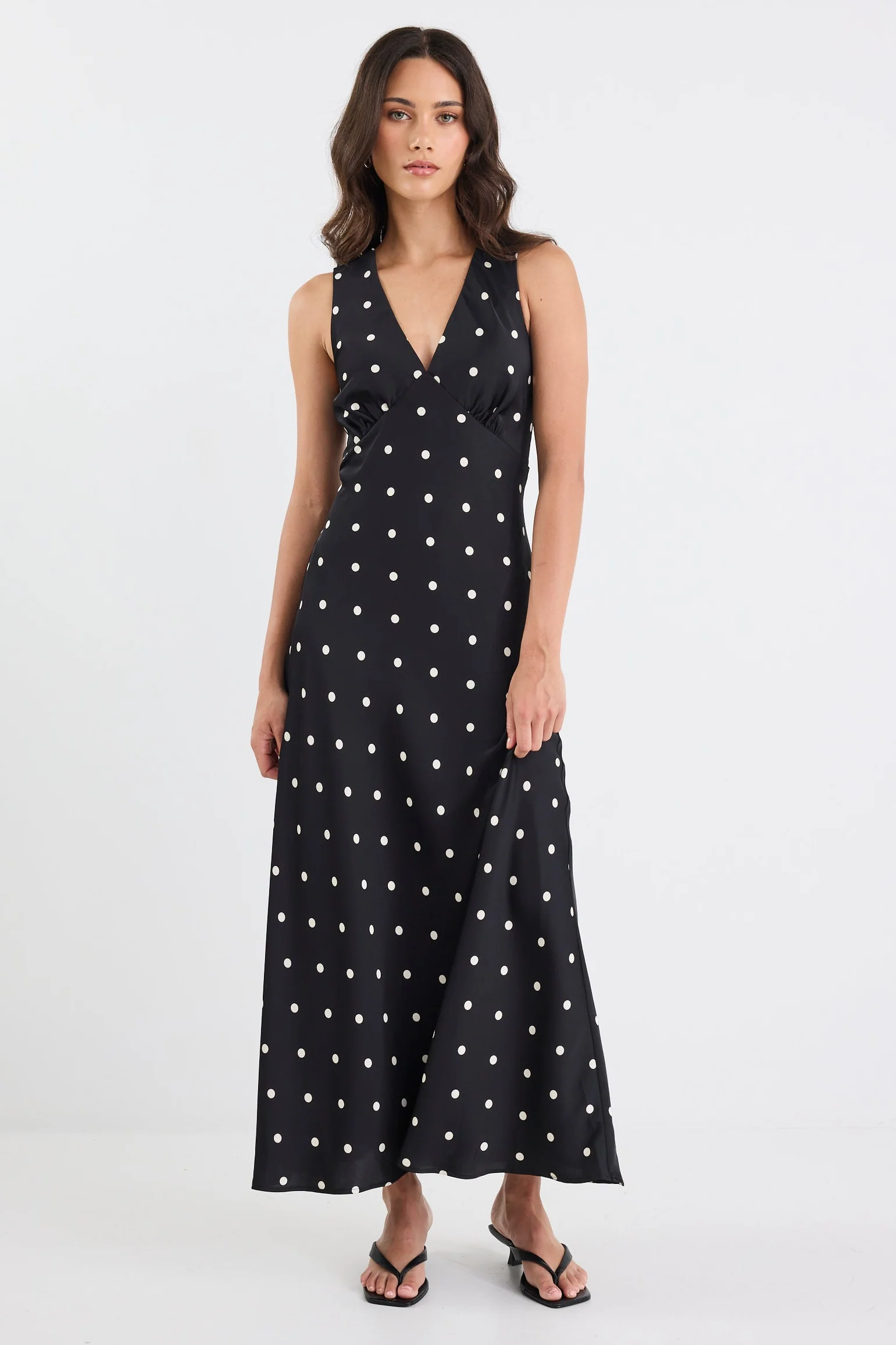 Aston Black Large Polka Dot Satin Bias Flared Maxi Dress - Image 2