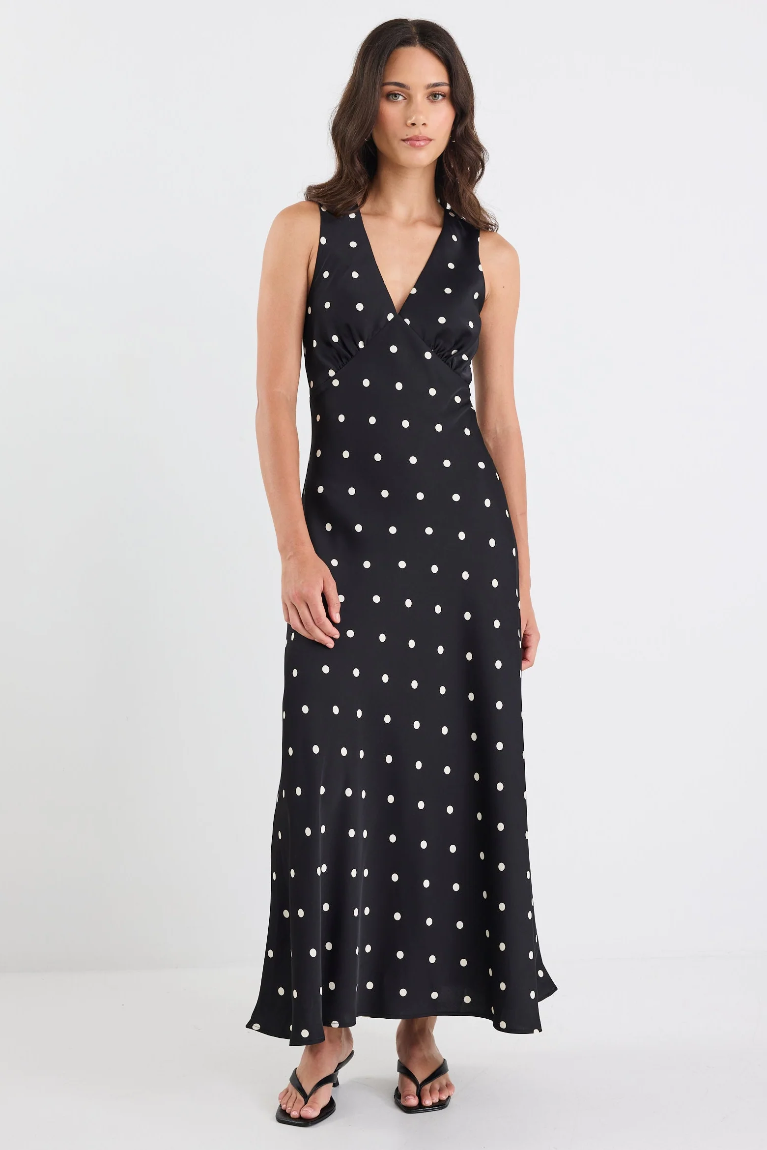 Aston Black Large Polka Dot Satin Bias Flared Maxi Dress - Image 4