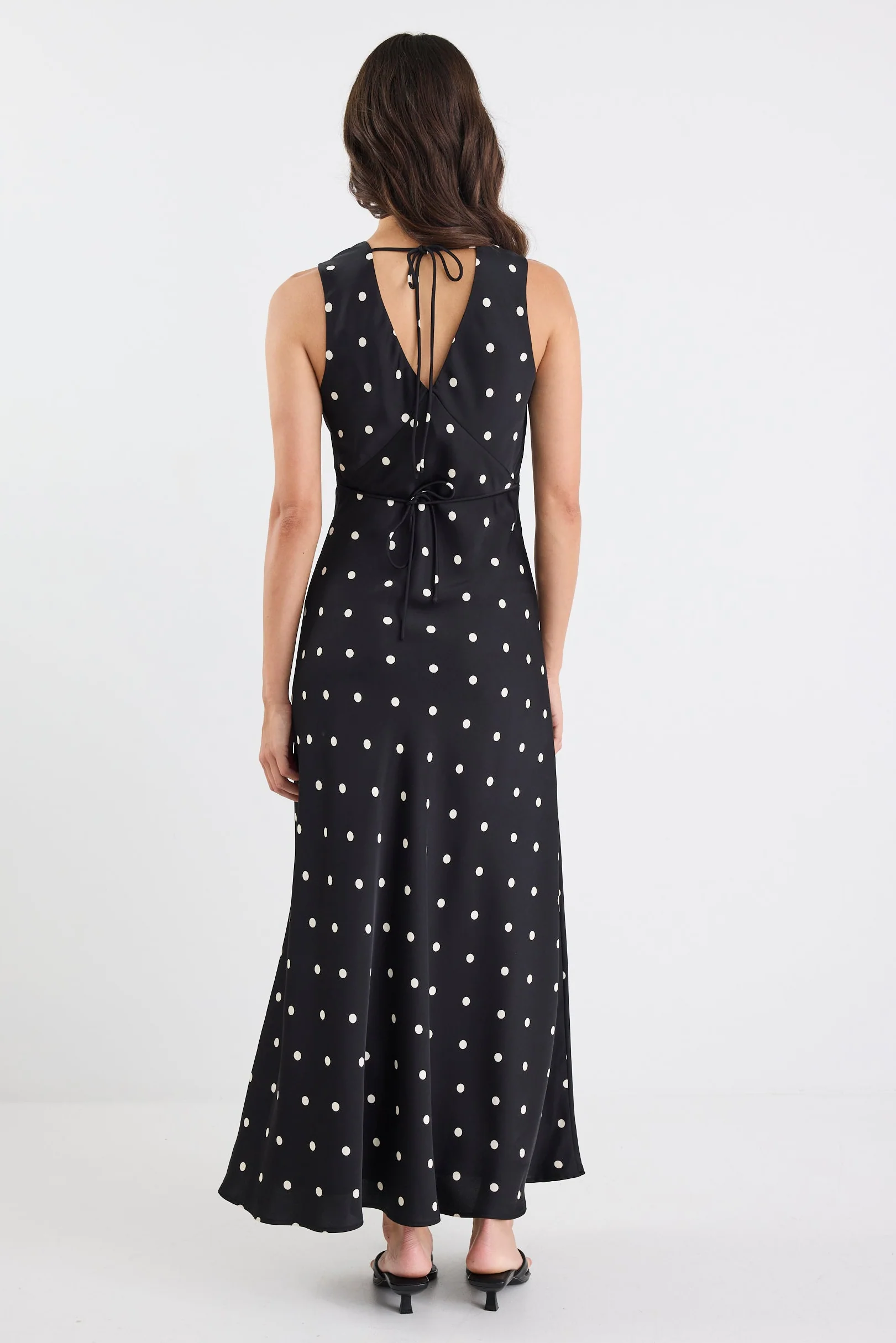 Aston Black Large Polka Dot Satin Bias Flared Maxi Dress - Image 5