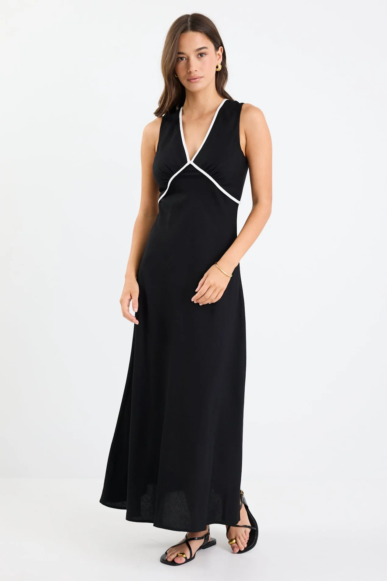 Aston Black Linen Blend Contrast Bias Flared Maxi Dress - Image 2