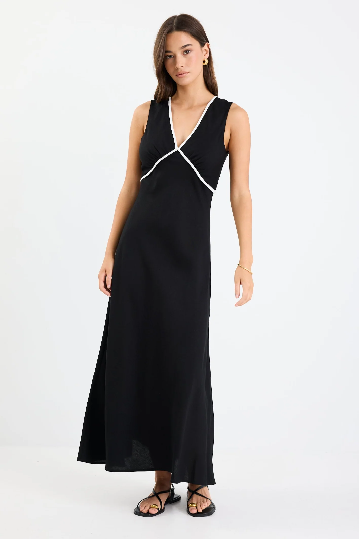 Aston Black Linen Blend Contrast Bias Flared Maxi Dress - Image 5