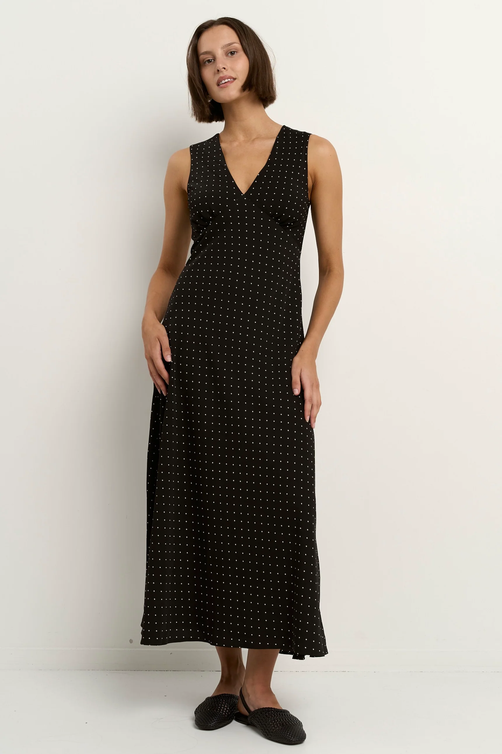 Aston Black Ditsy Polka Dot Satin Bias Flared Maxi Dress - Image 3