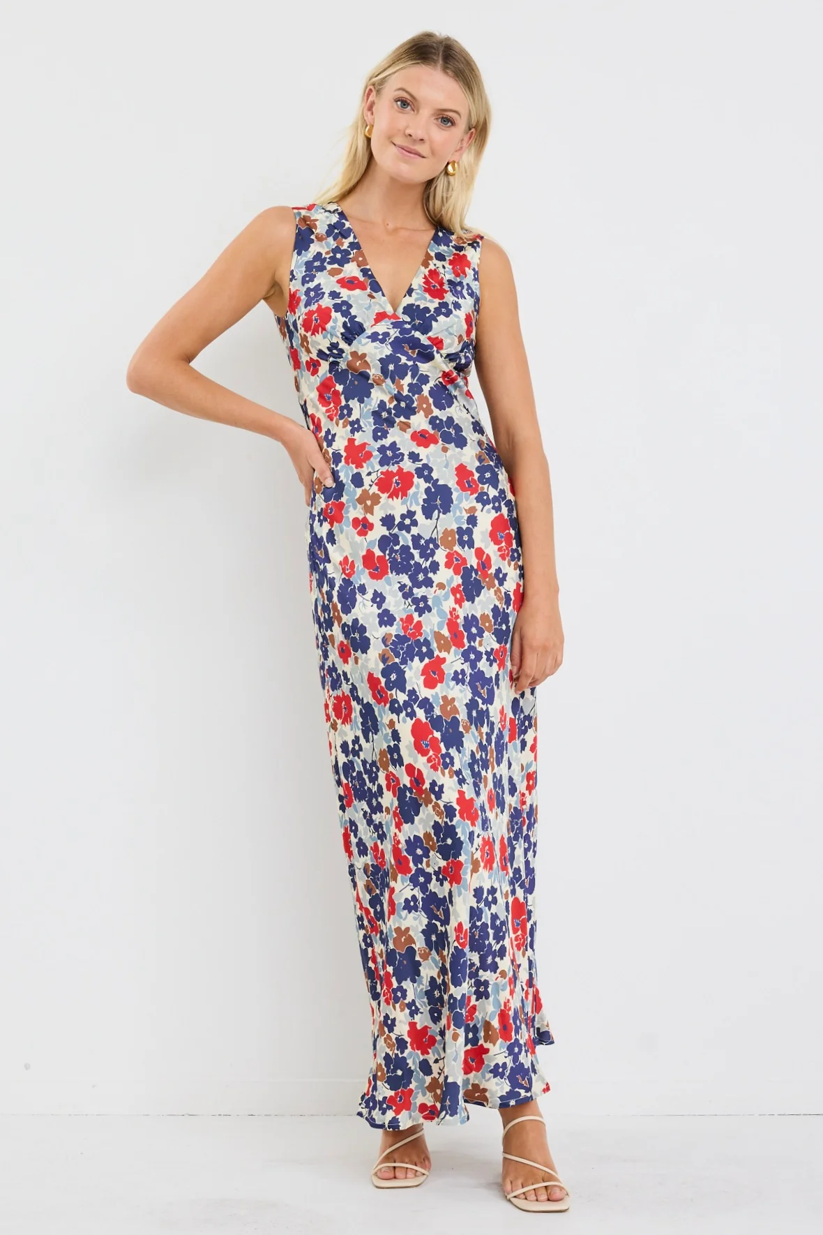 Aston Blue Red Poppy Satin Bias Flared Maxi Dress - Image 4