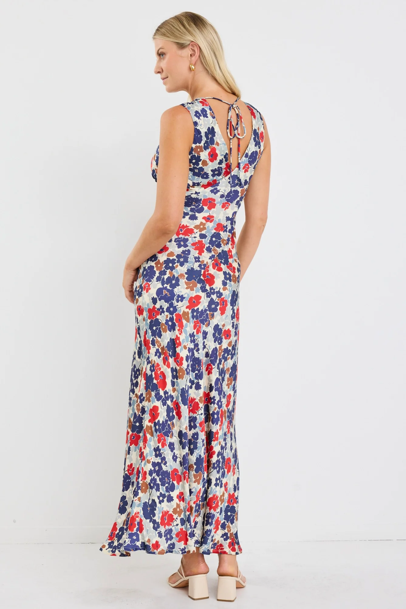 Aston Blue Red Poppy Satin Bias Flared Maxi Dress - Image 5