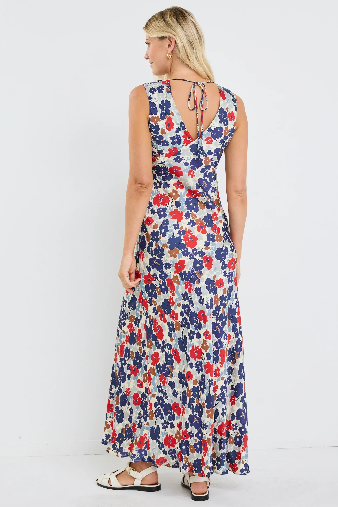 Aston Blue Red Poppy Satin Bias Flared Maxi Dress - Image 6