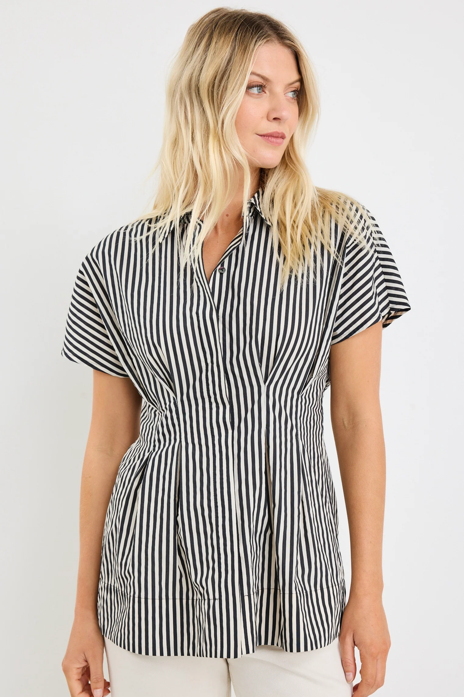 Astute Black Cream Stripe Short Sleeve Corset Detail Top - Image 2