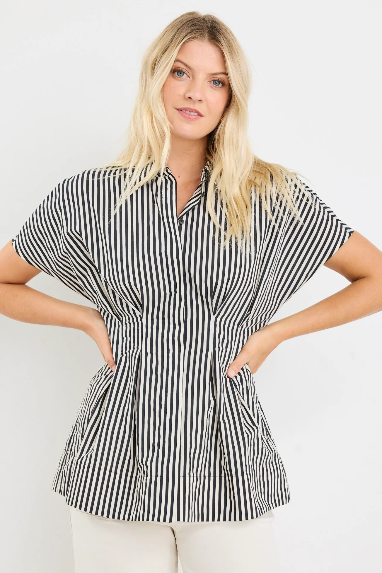 Astute Black Cream Stripe Short Sleeve Corset Detail Top - Image 4