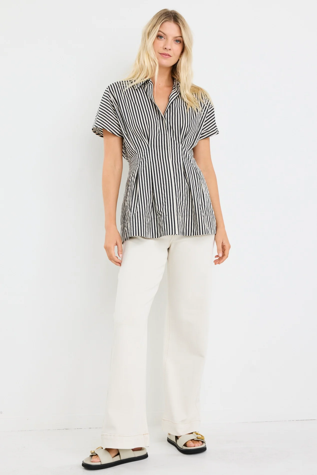 Astute Black Cream Stripe Short Sleeve Corset Detail Top - Image 5