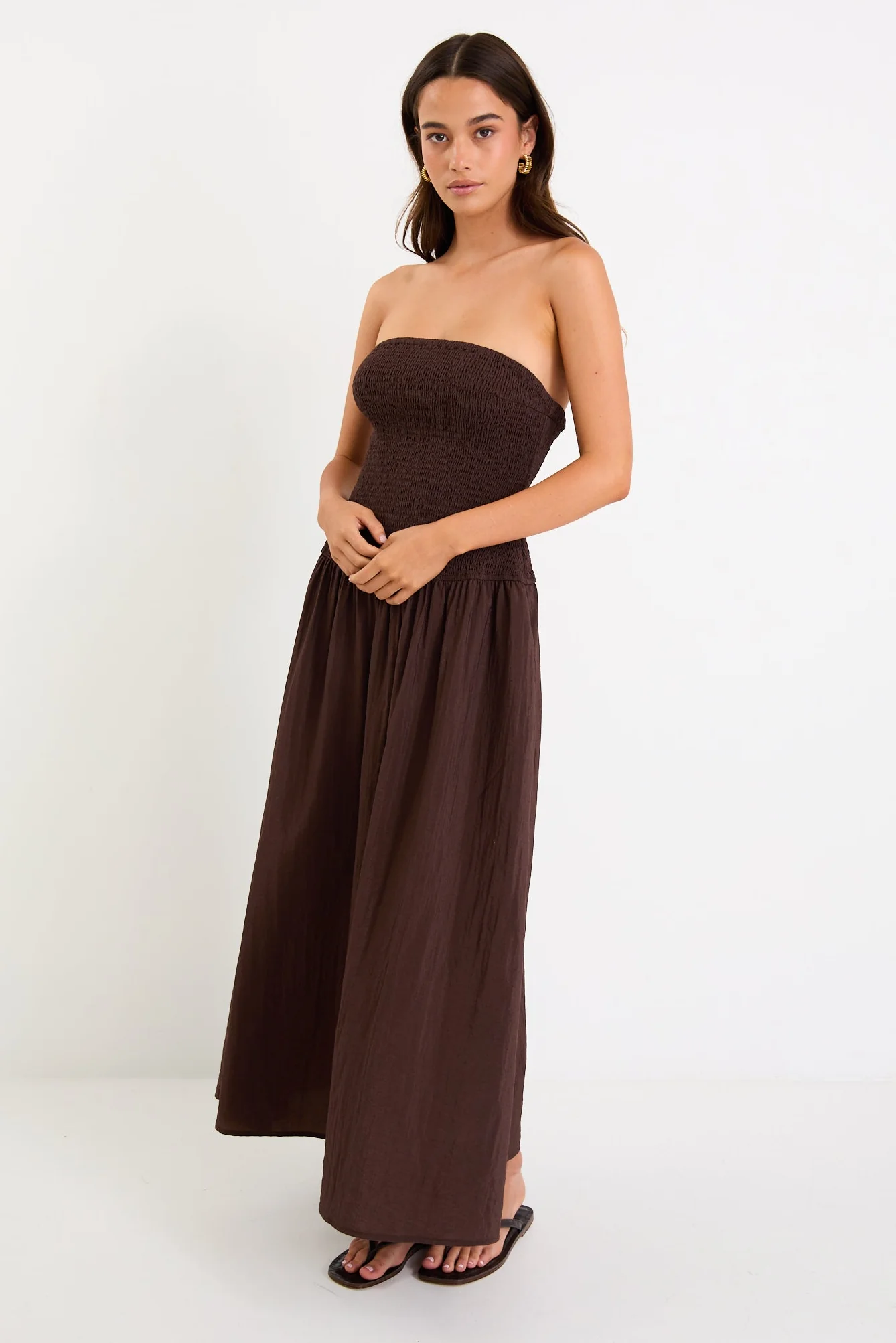 Athens Chocolate Strapless Shirred Bodice Maxi Dress - Image 6