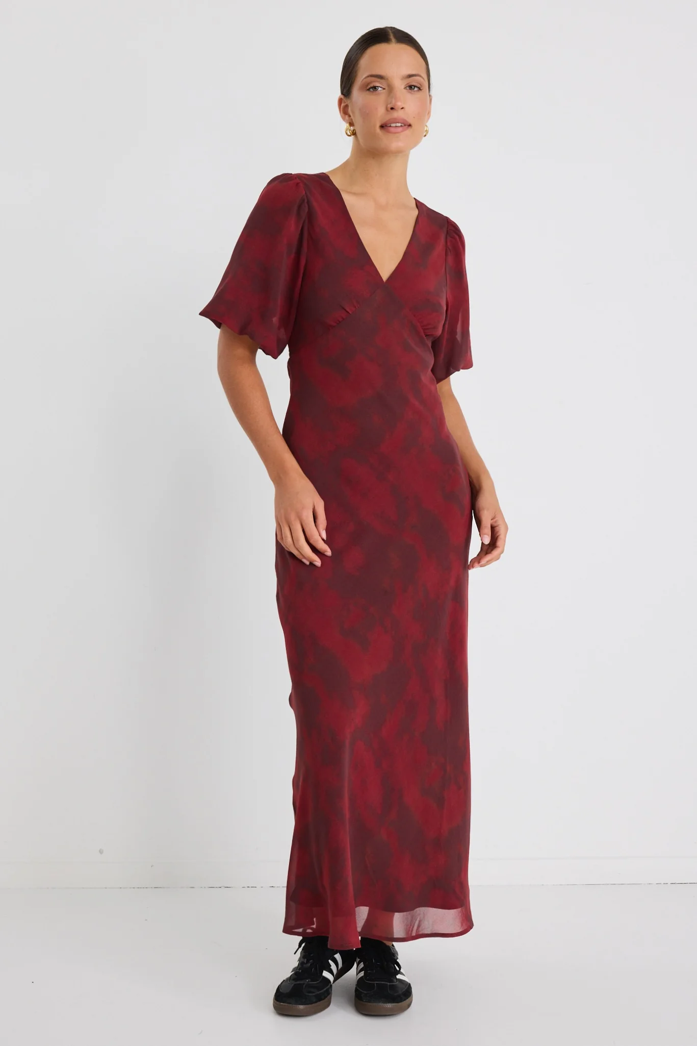 Aura Plum Smudge SS Bias Midi Dress