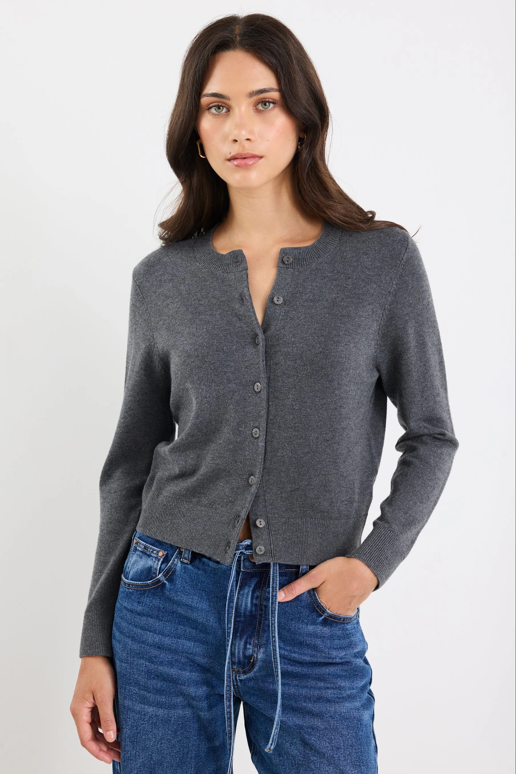 Autograph Charcoal Soft Fine Gauge Crewneck Cardigan - Image 3