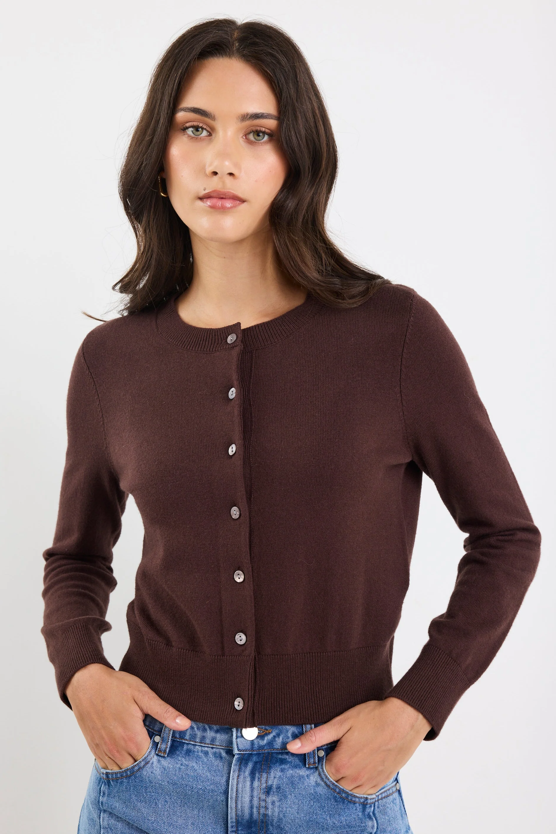 Autograph Chocolate Soft Fine Gauge Crewneck Cardigan - Image 3