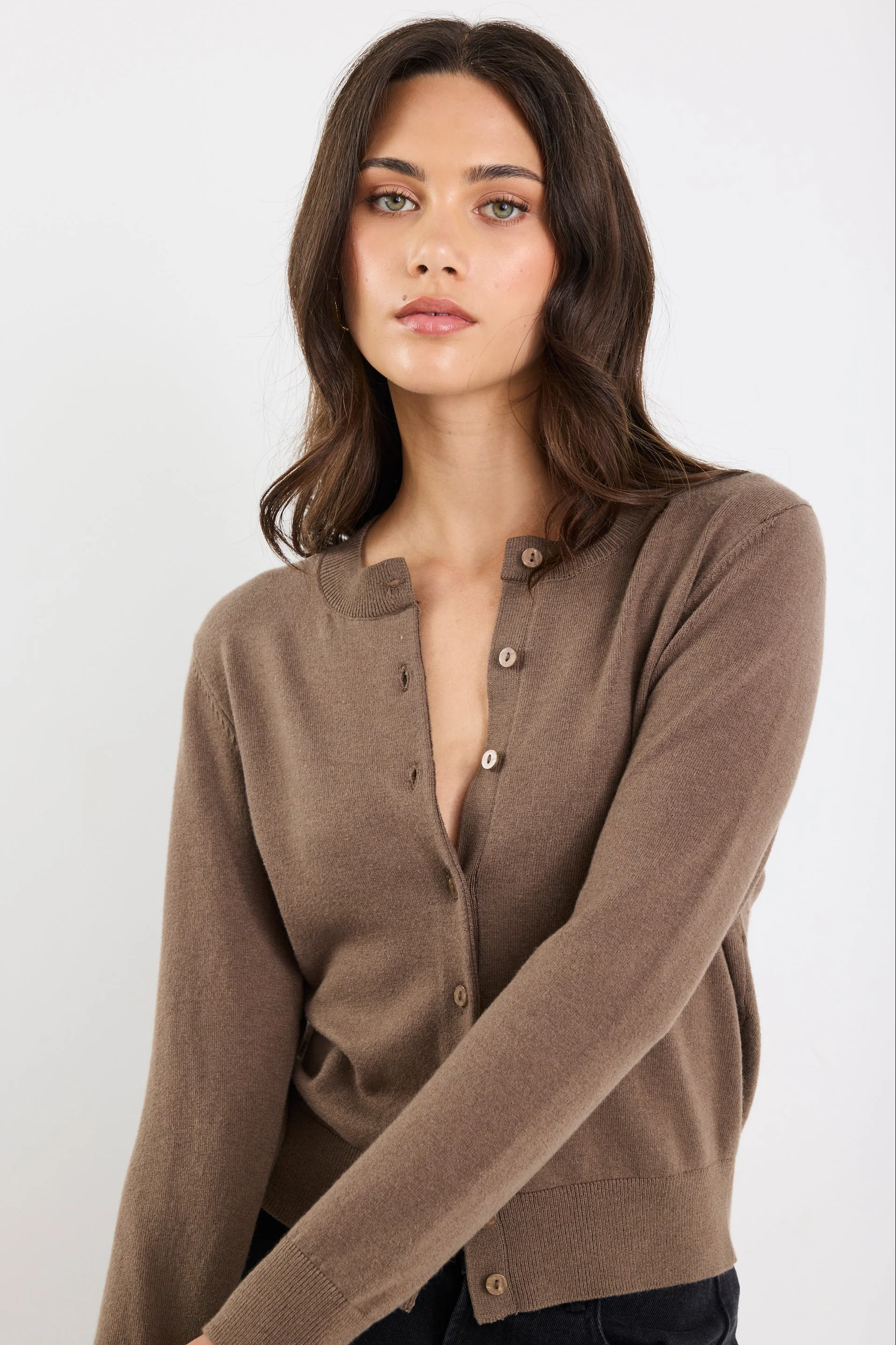 Autograph Mocha Soft Fine Gauge Crewneck Cardigan - Image 3