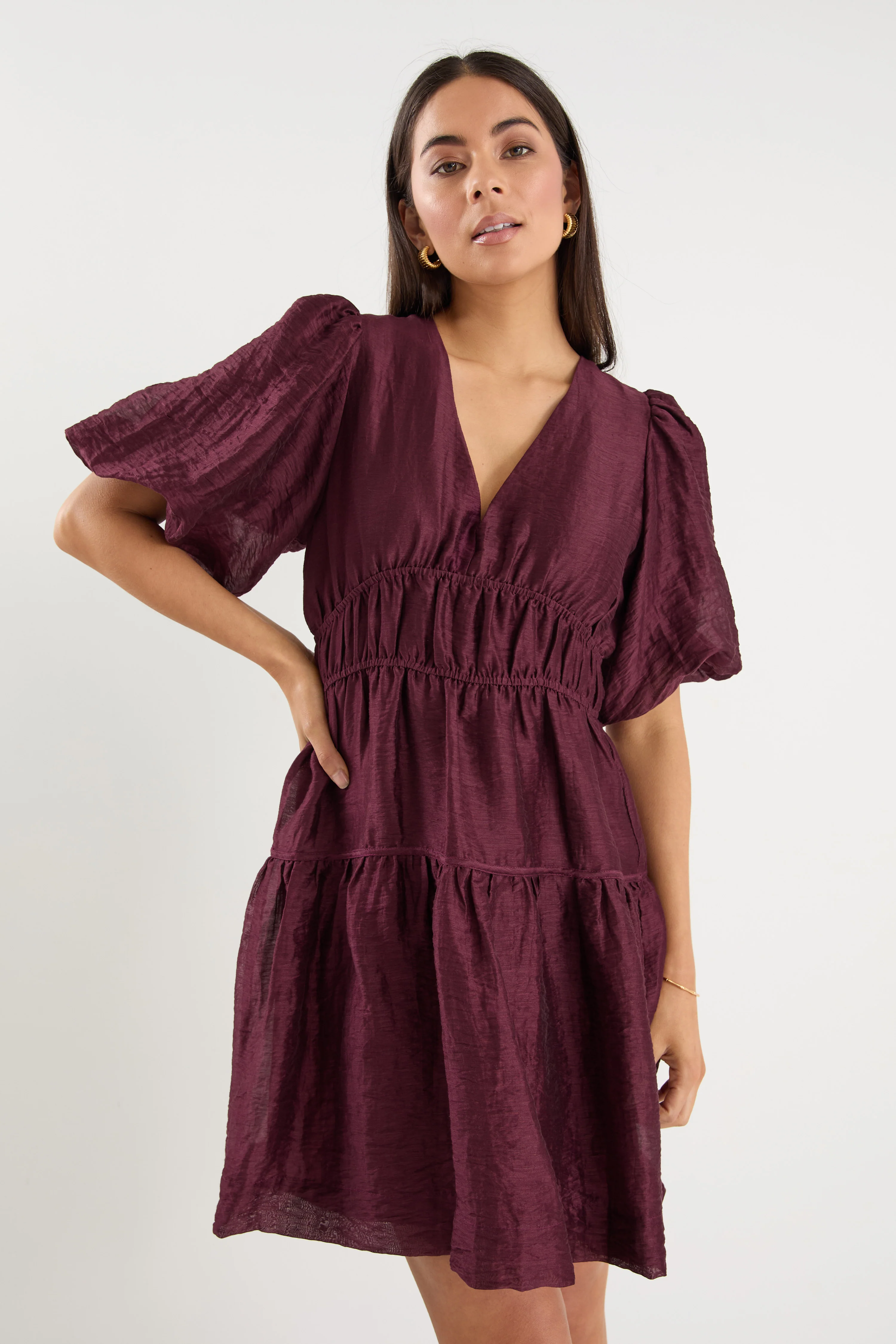 Axel Burgundy Plum Puff Sleeve V Neck Mini Dress - Image 2