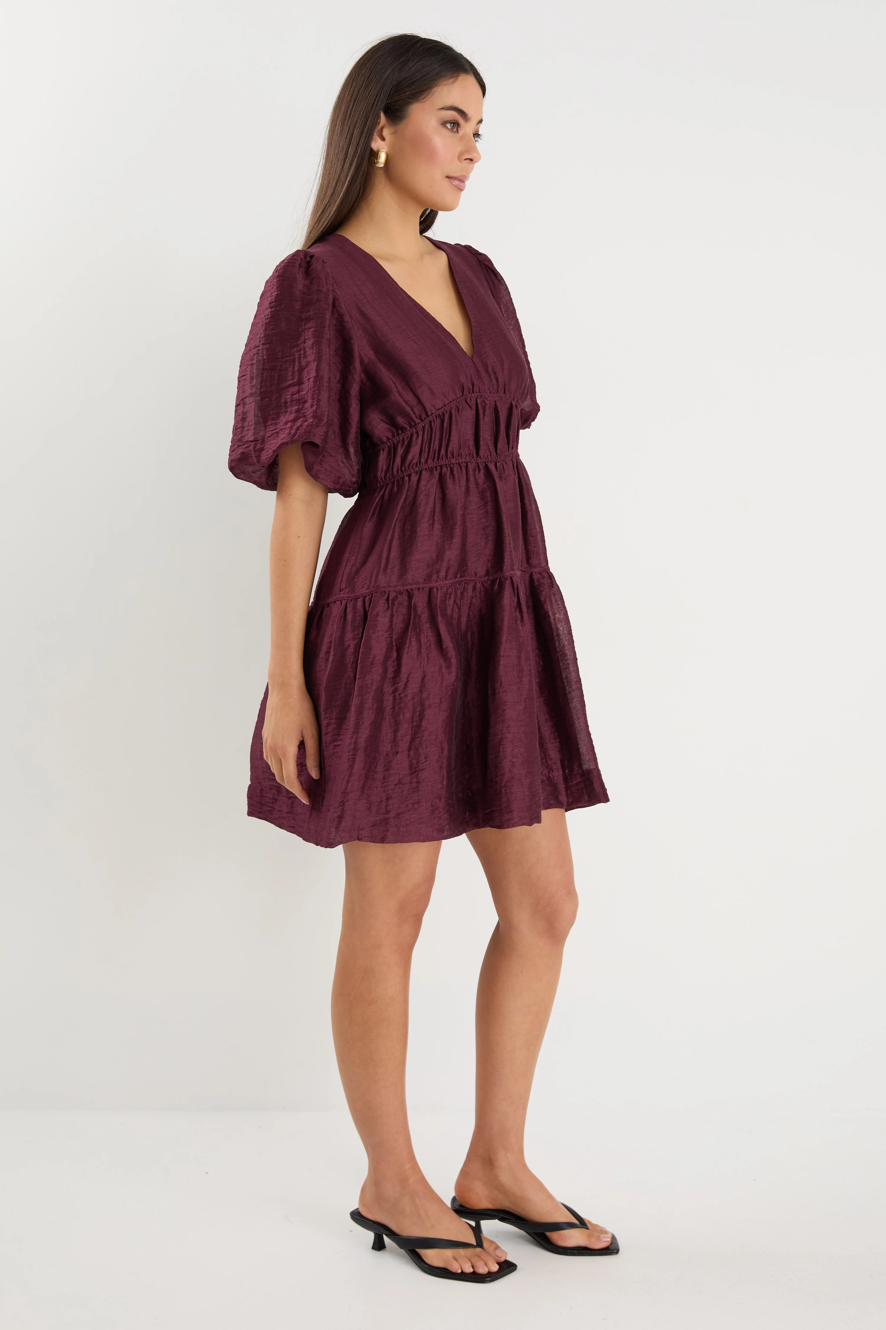 Axel Burgundy Plum Puff Sleeve V Neck Mini Dress - Image 3