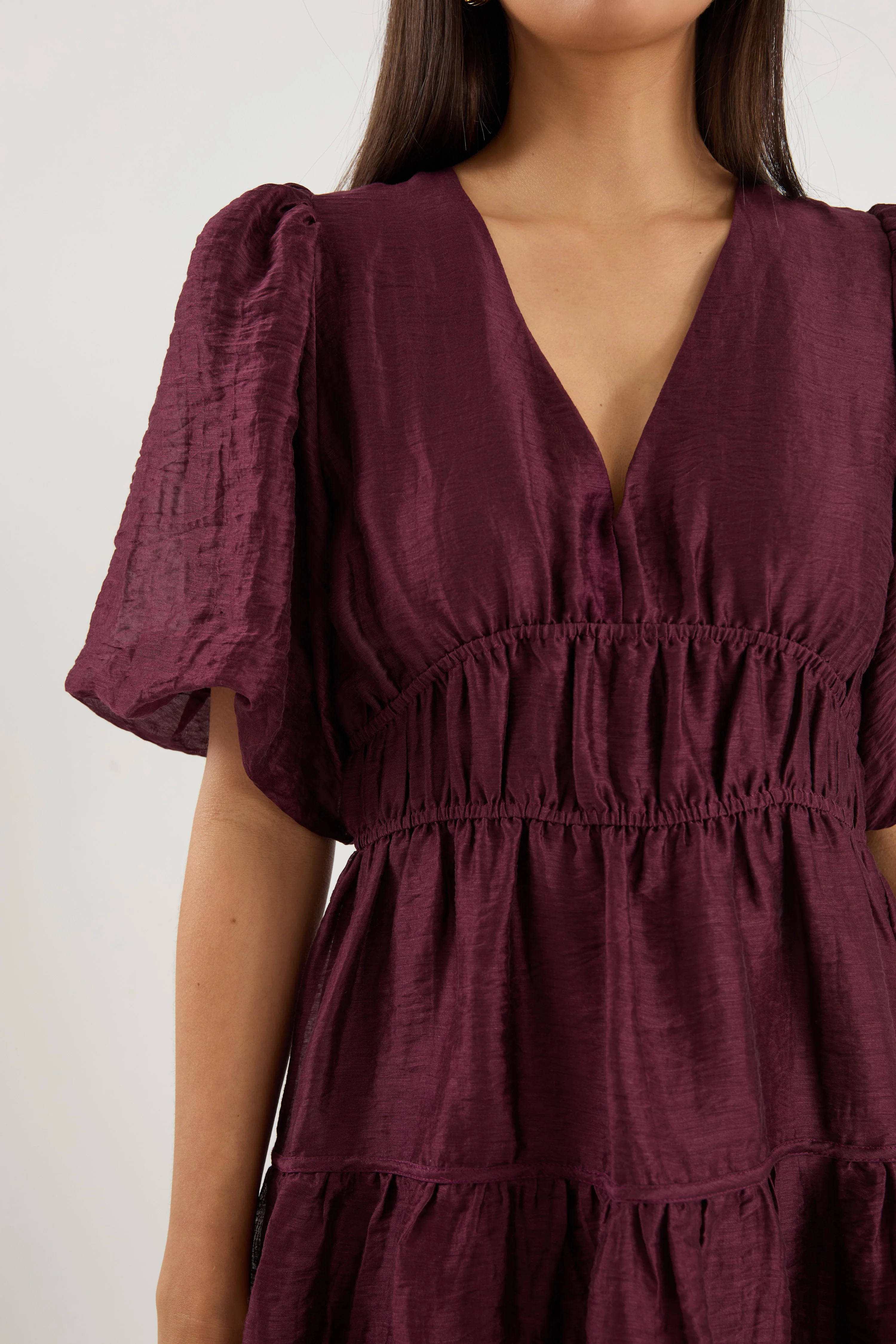 Axel Burgundy Plum Puff Sleeve V Neck Mini Dress - Image 4