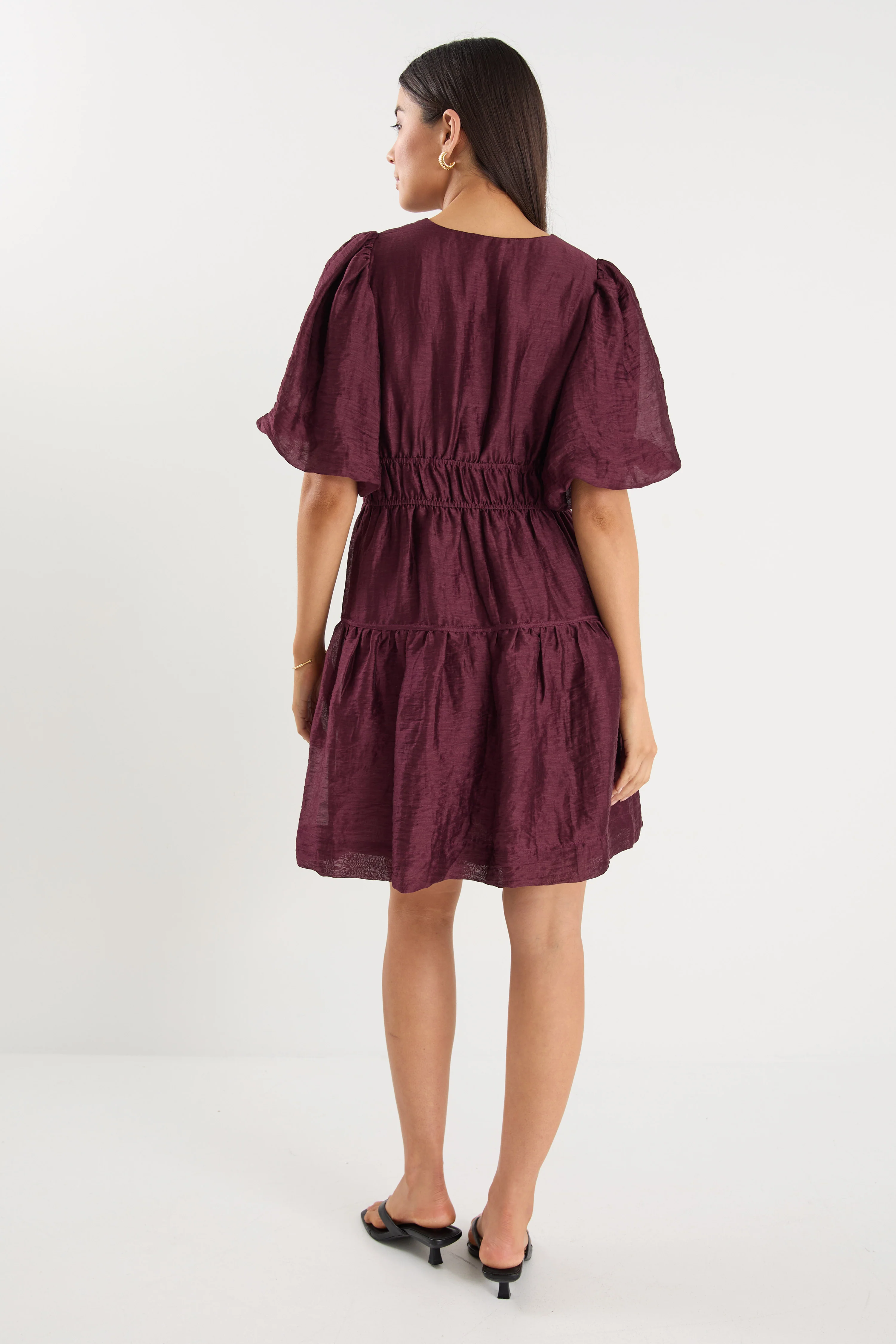 Axel Burgundy Plum Puff Sleeve V Neck Mini Dress - Image 7