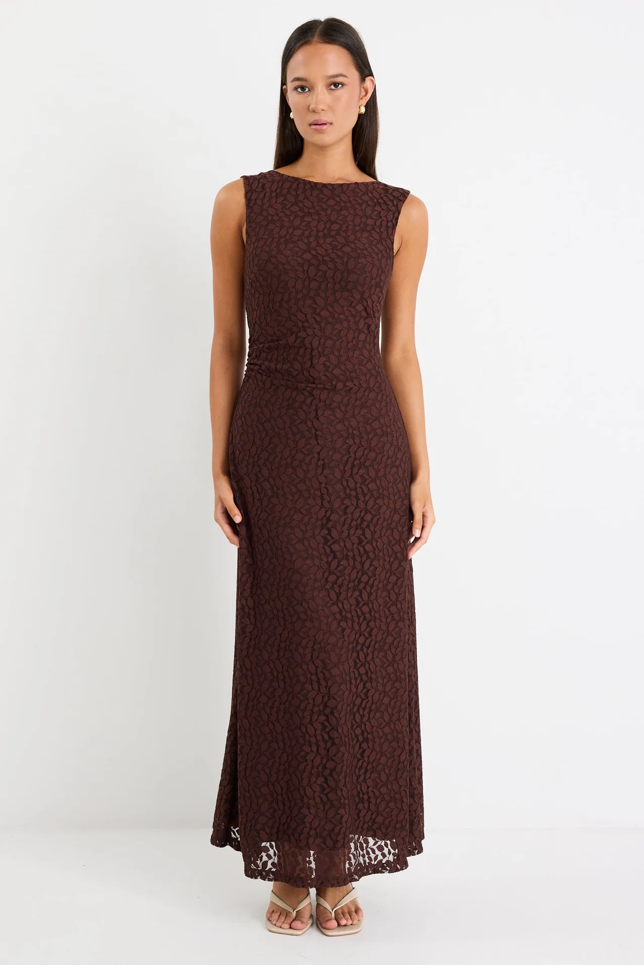 Backlit Chocolate Lace Sleeveless Maxi Dress - Image 2