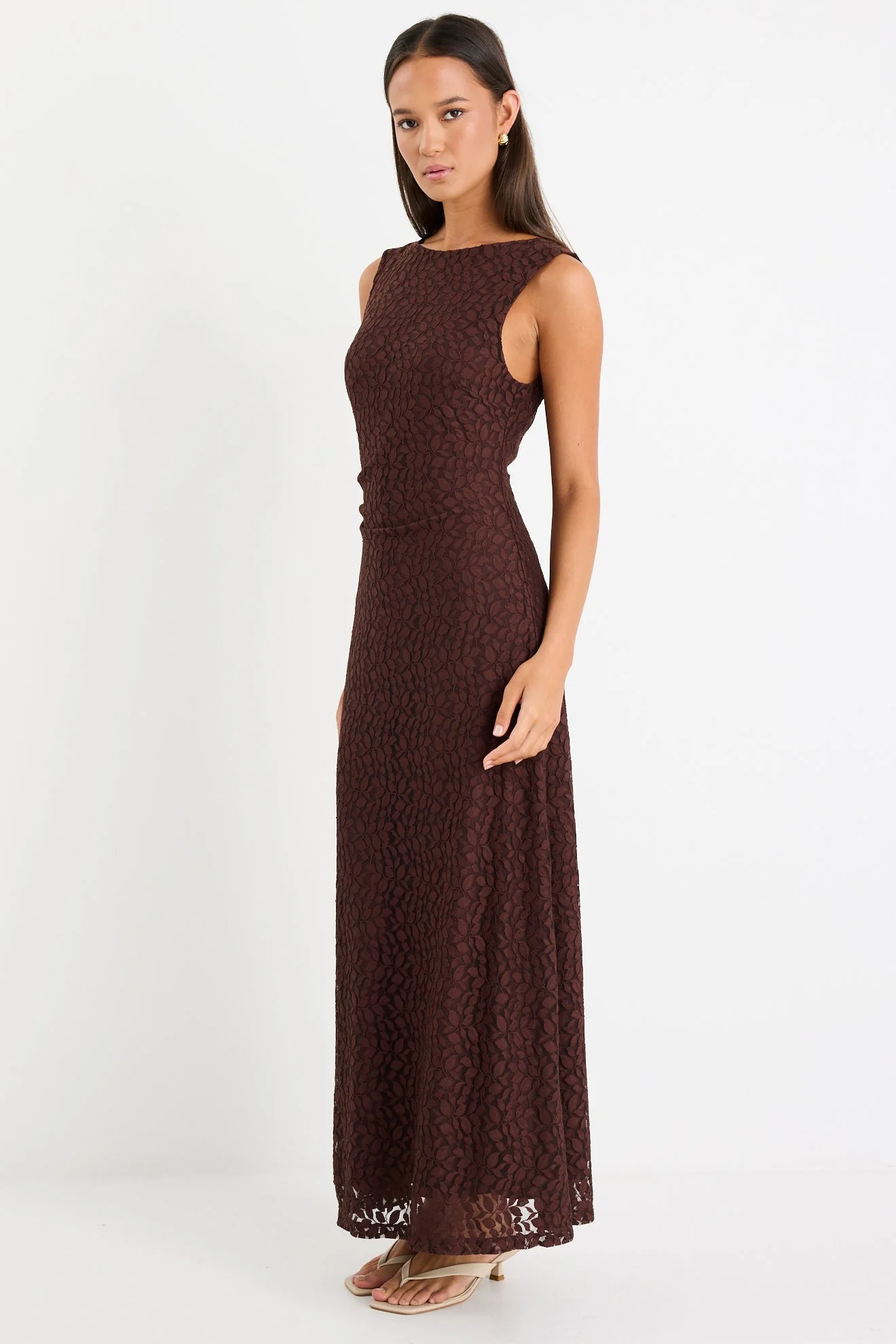 Backlit Chocolate Lace Sleeveless Maxi Dress - Image 3