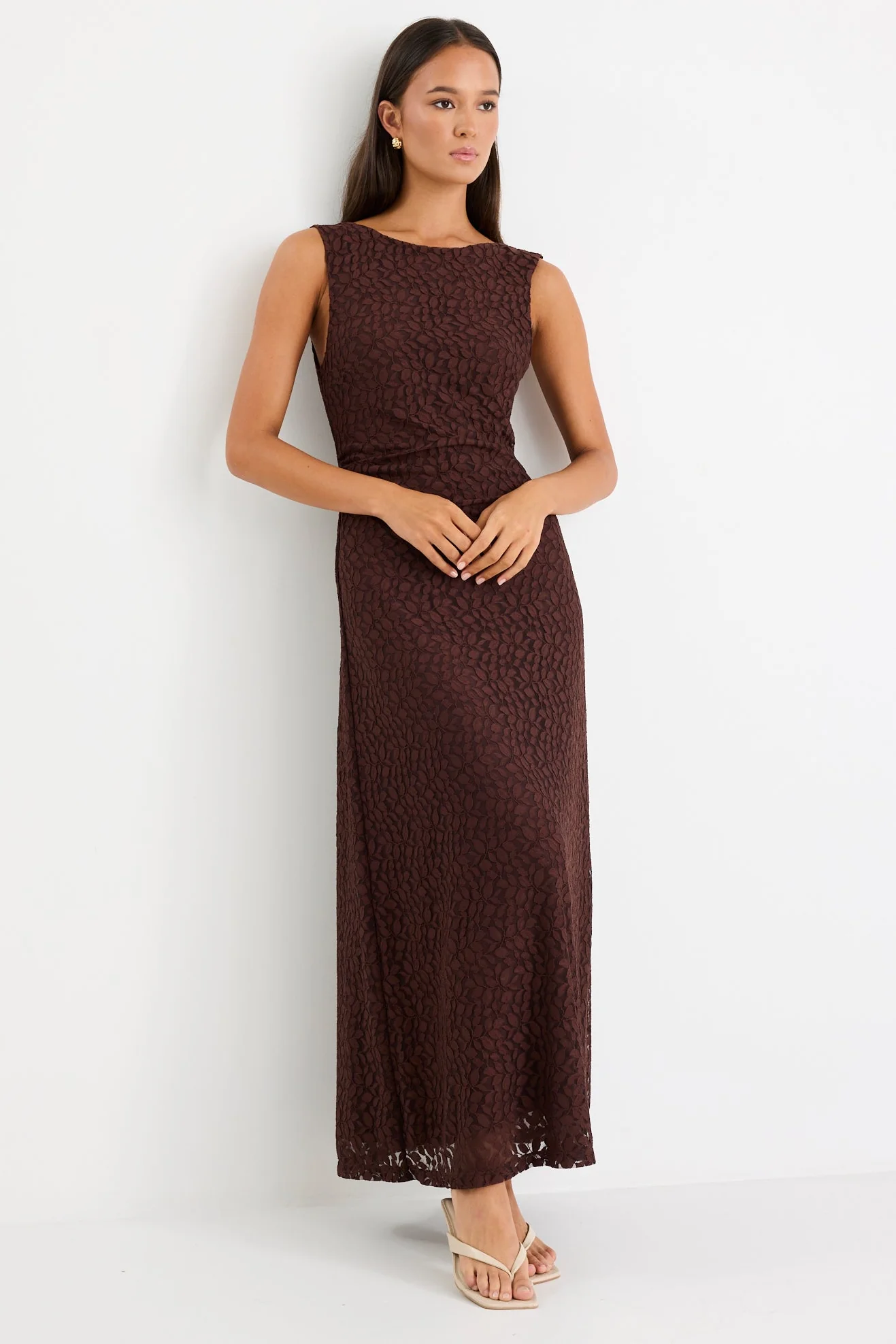 Backlit Chocolate Lace Sleeveless Maxi Dress - Image 5
