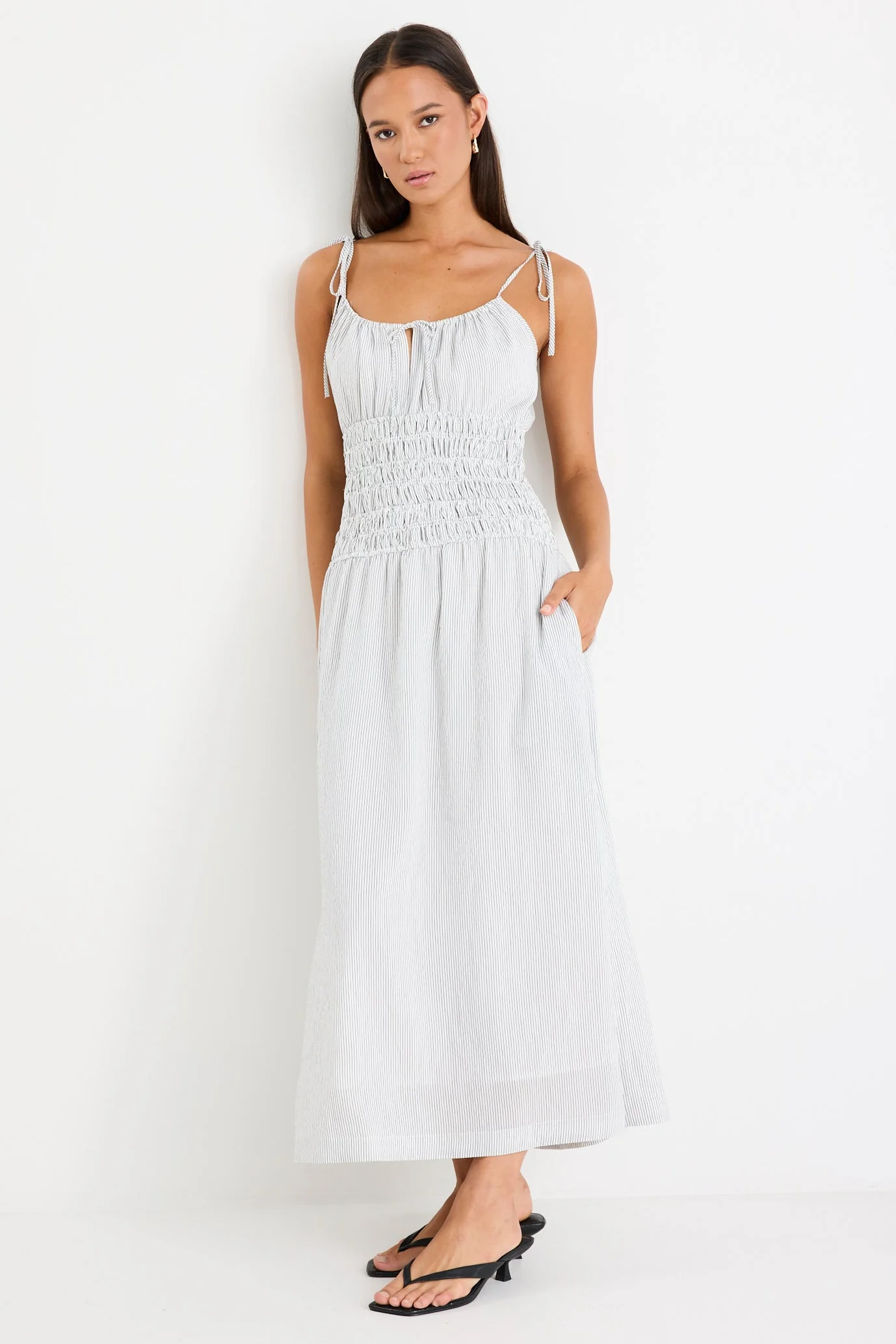 Balcony Black White Stripe Strappy Shirred Midi Dress - Image 2