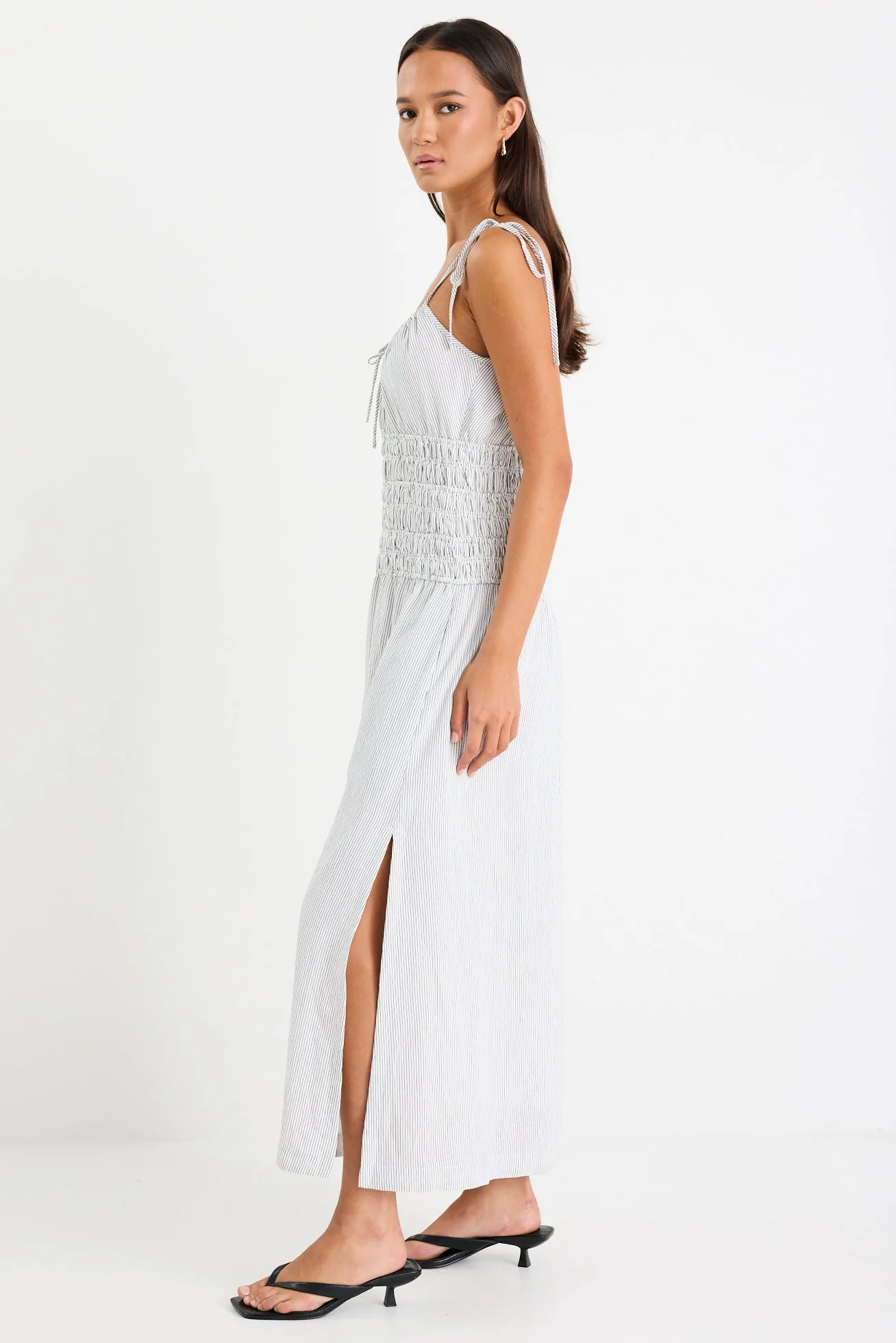 Balcony Black White Stripe Strappy Shirred Midi Dress - Image 4