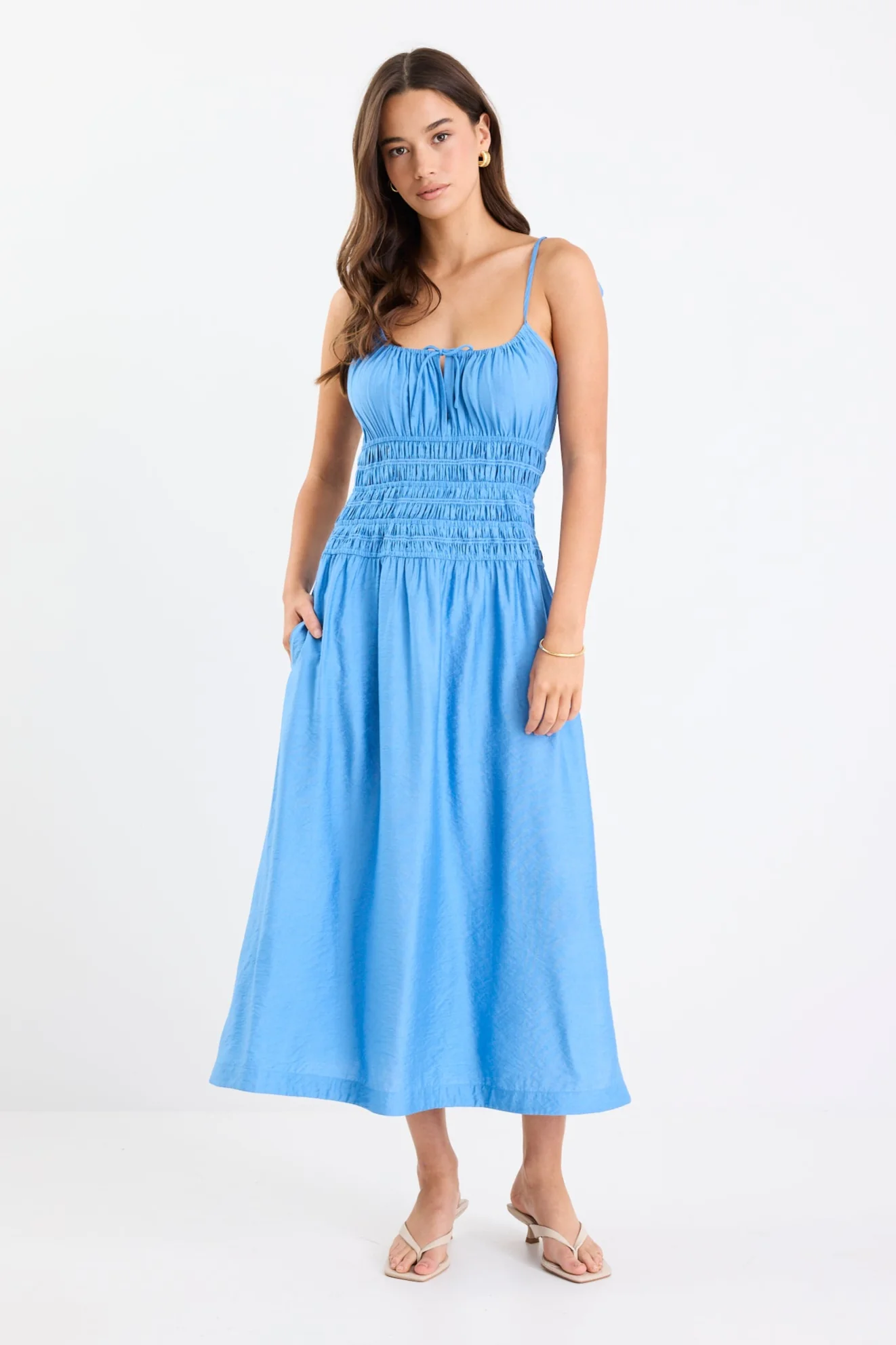 Balcony Bright Blue Strappy Shirred Midi Dress