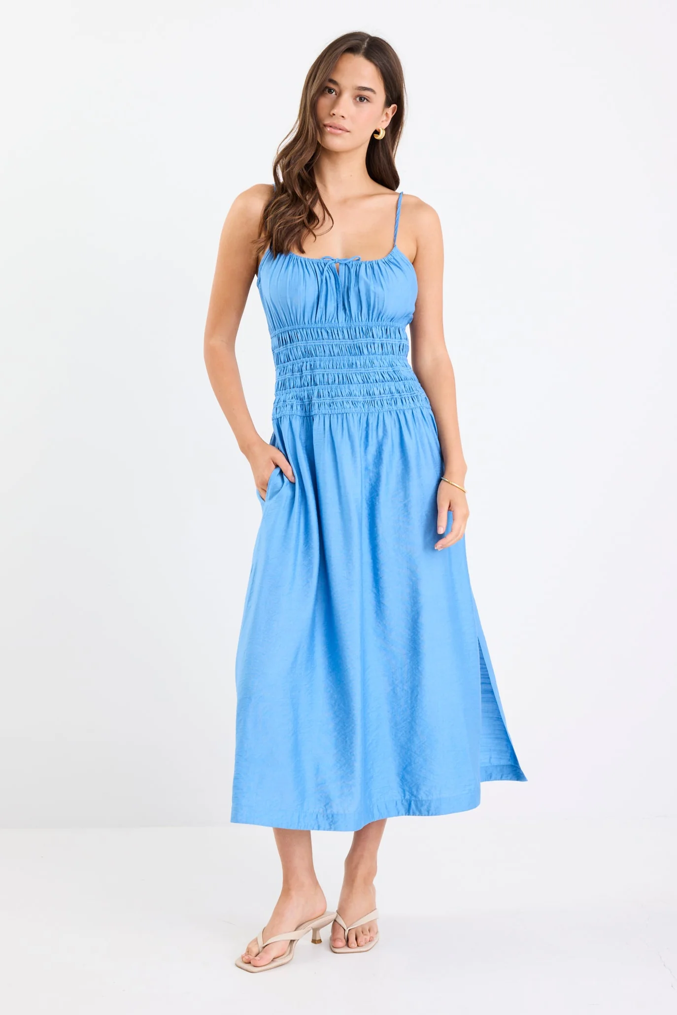 Balcony Bright Blue Strappy Shirred Midi Dress - Image 2