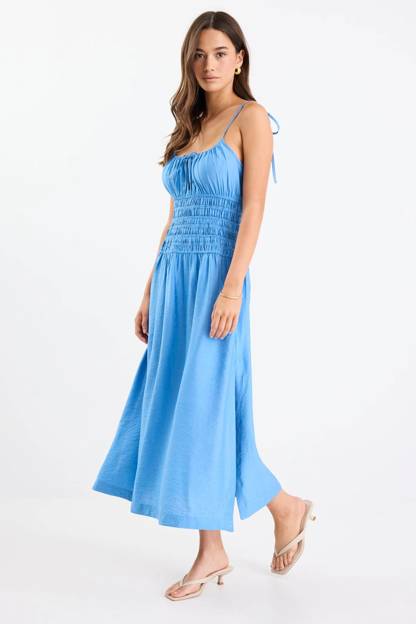 Balcony Bright Blue Strappy Shirred Midi Dress - Image 4