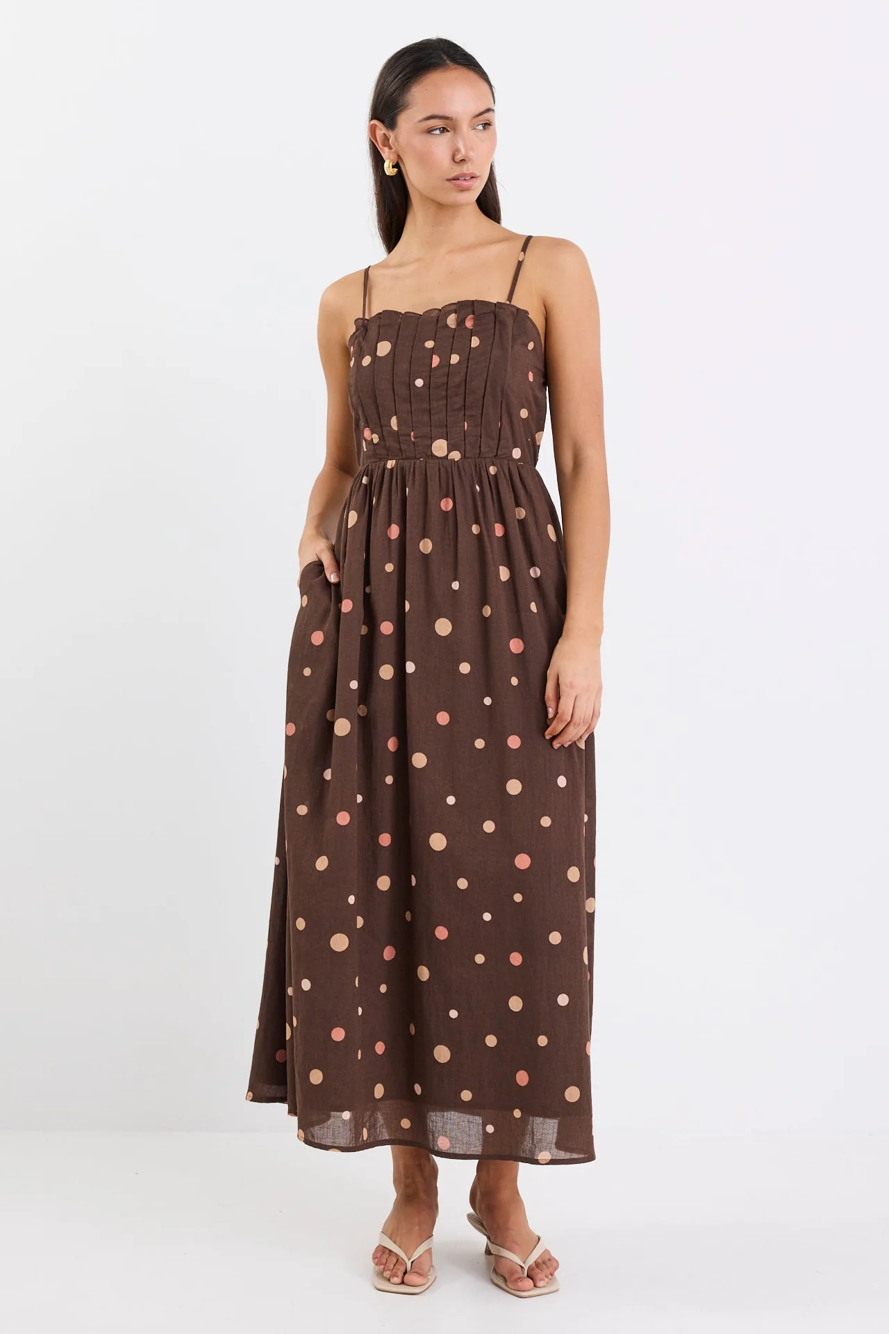 Bali Chocolate Multi Polka Dot Pleated Bodice Strappy Maxi Dress - Image 3